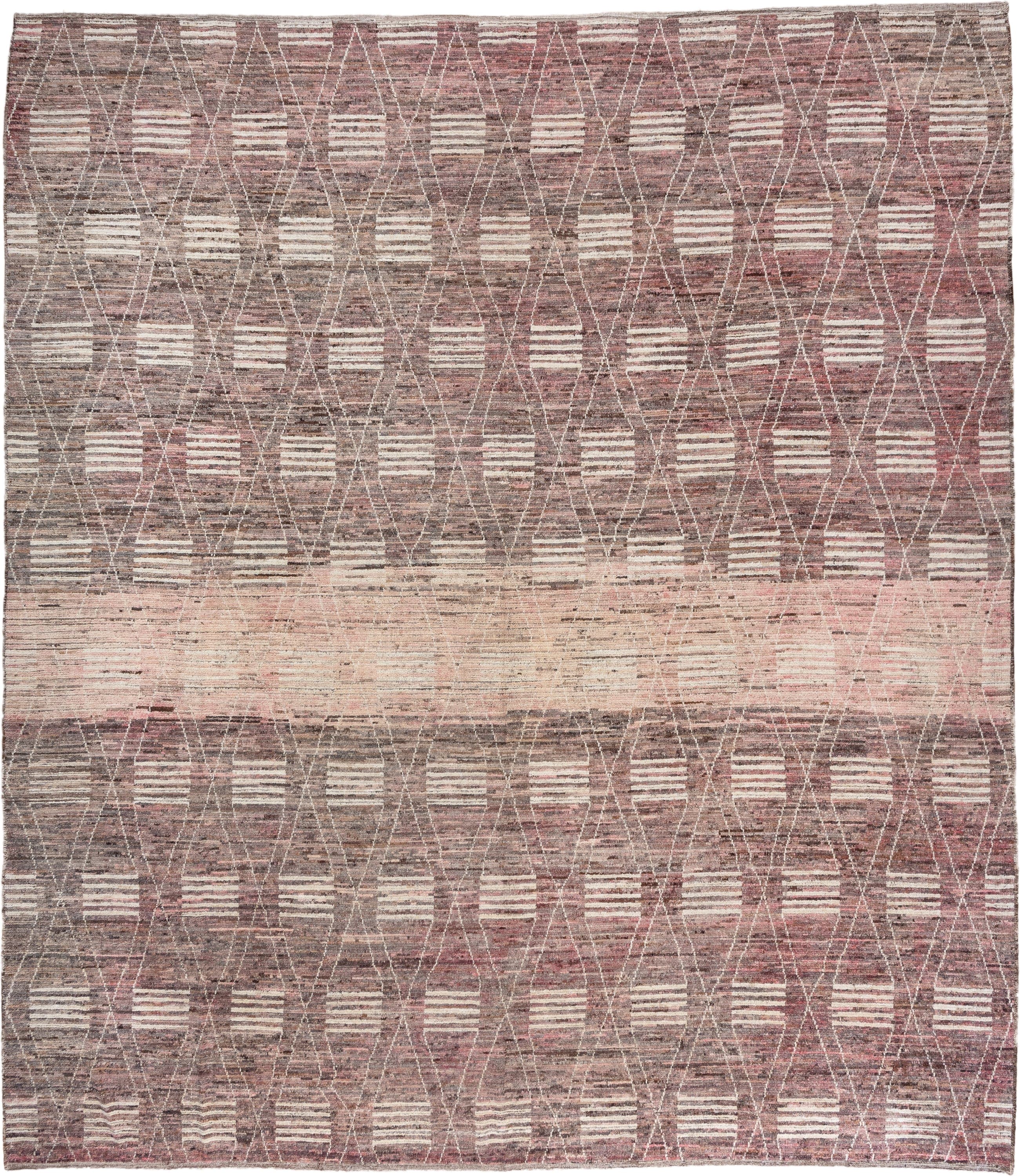 12' x 14' one-of-a-kind handmade vintage Tulu oversize rug. Color palette: rose, taupe, ivory, mauve, dusty pink, brown