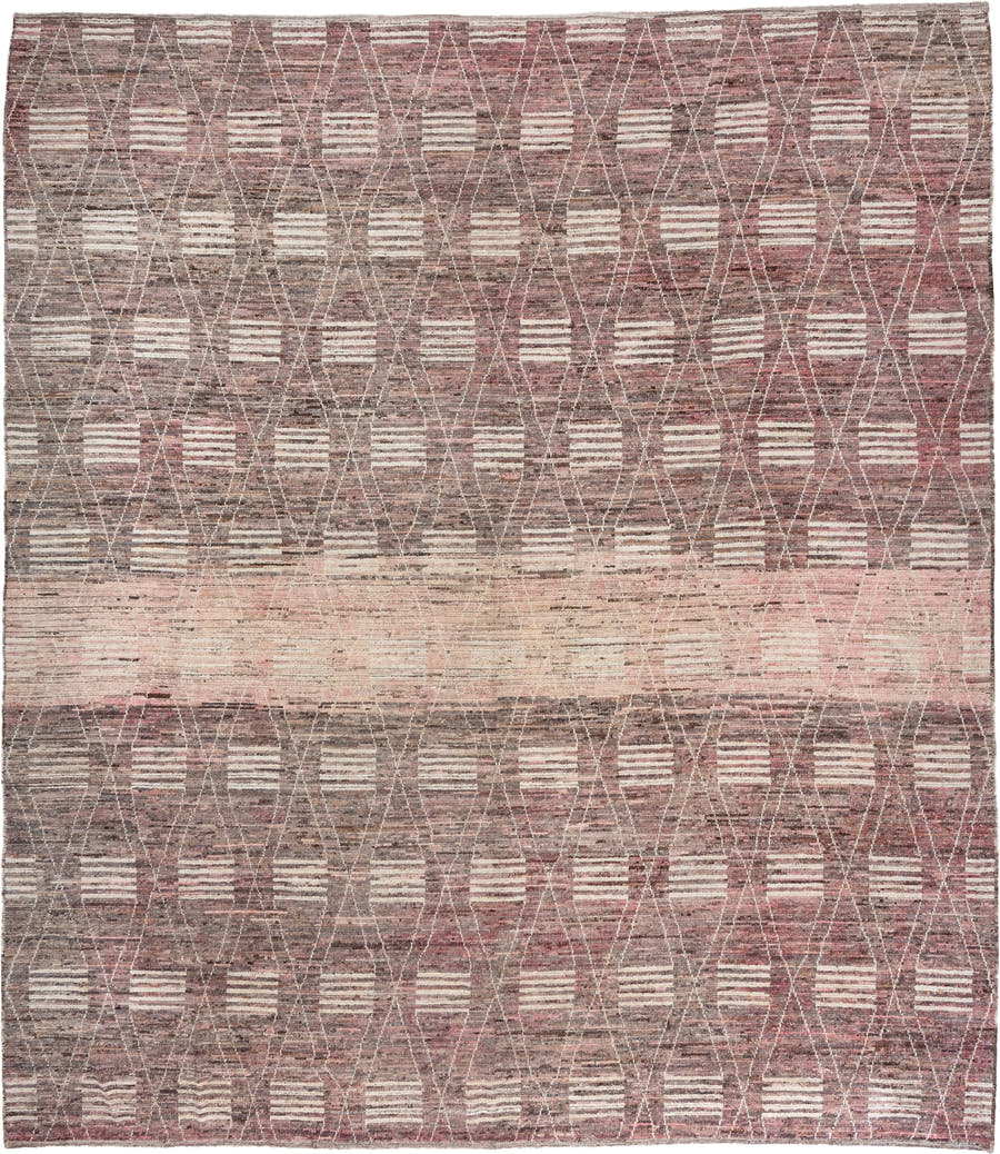 12' x 14' one-of-a-kind handmade vintage Tulu oversize rug. Color palette: rose, taupe, ivory, mauve, dusty pink, brown