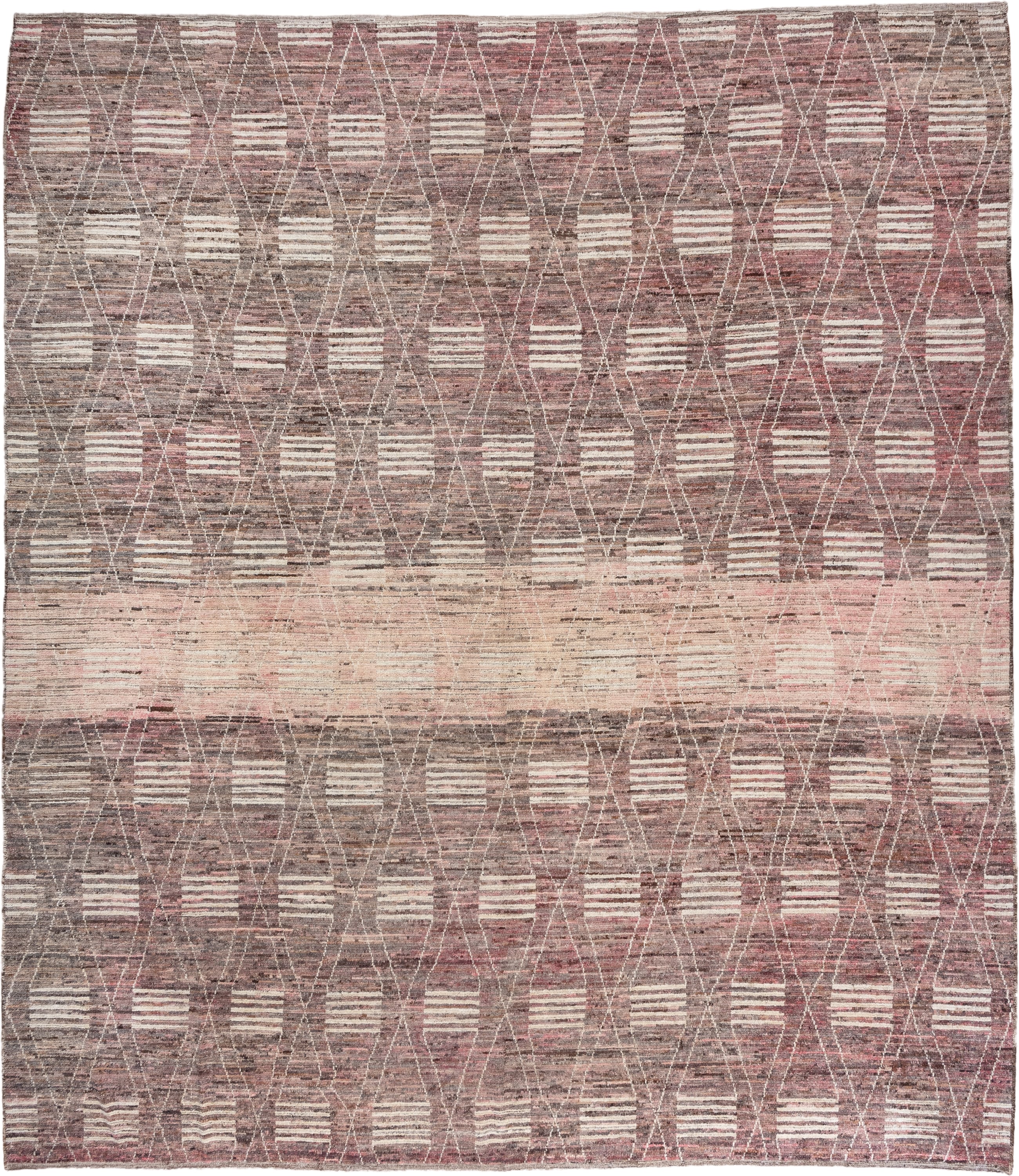 12' x 14' one-of-a-kind handmade vintage Tulu oversize rug. Color palette: rose, taupe, ivory, mauve, dusty pink, brown