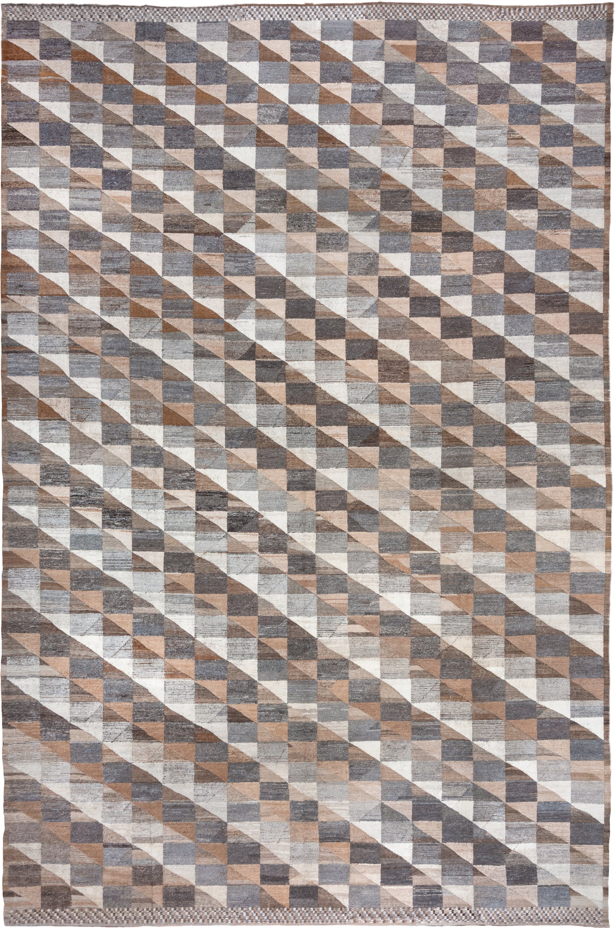 13' x 20' one-of-a-kind handmade vintage Tulu oversize rug. Color palette: taupe, ivory, slate, camel, gray, beige, charcoal