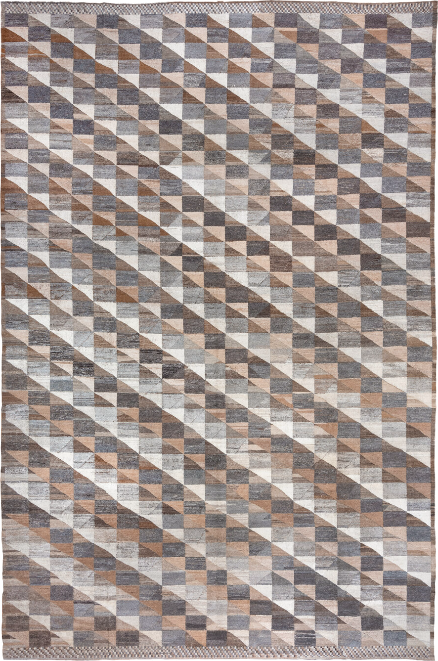 13' x 20' one-of-a-kind handmade vintage Tulu oversize rug. Color palette: taupe, ivory, slate, camel, gray, beige, charcoal