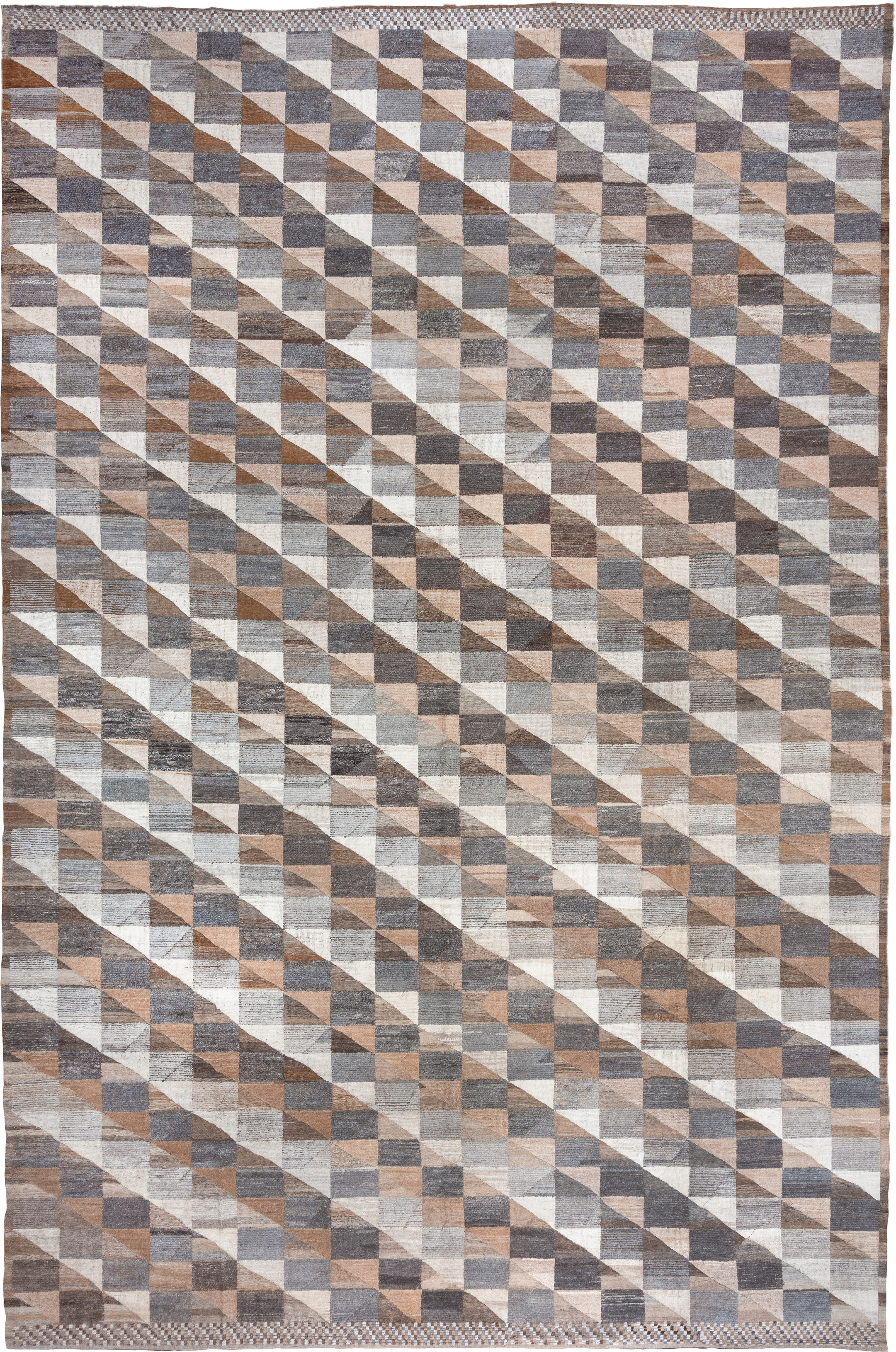 13' x 20' one-of-a-kind handmade vintage Tulu oversize rug. Color palette: taupe, ivory, slate, camel, gray, beige, charcoal