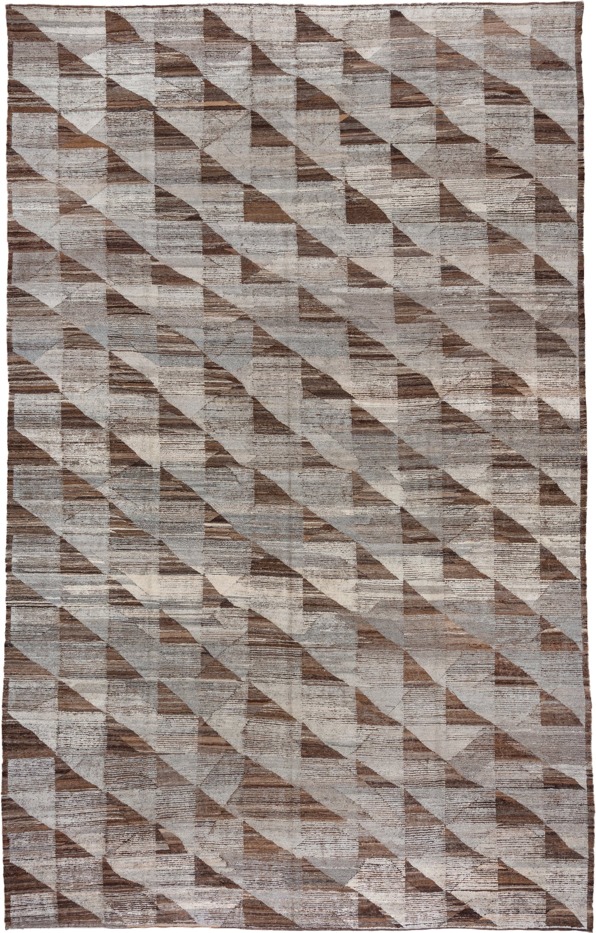 13' x 20' one-of-a-kind handmade vintage Tulu oversize rug. Color palette: ivory, taupe, brown, camel, greige, beige, gray