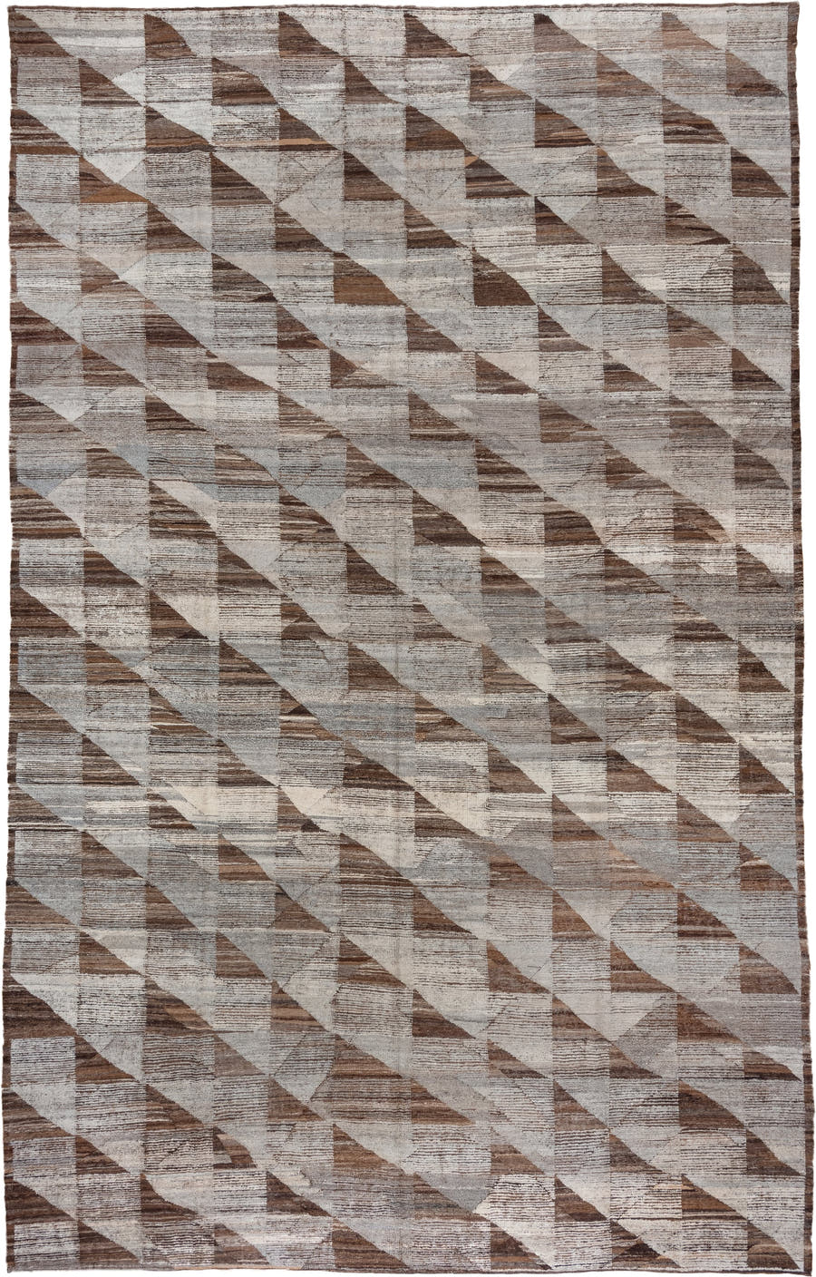 13' x 20' one-of-a-kind handmade vintage Tulu oversize rug. Color palette: ivory, taupe, brown, camel, greige, beige, gray