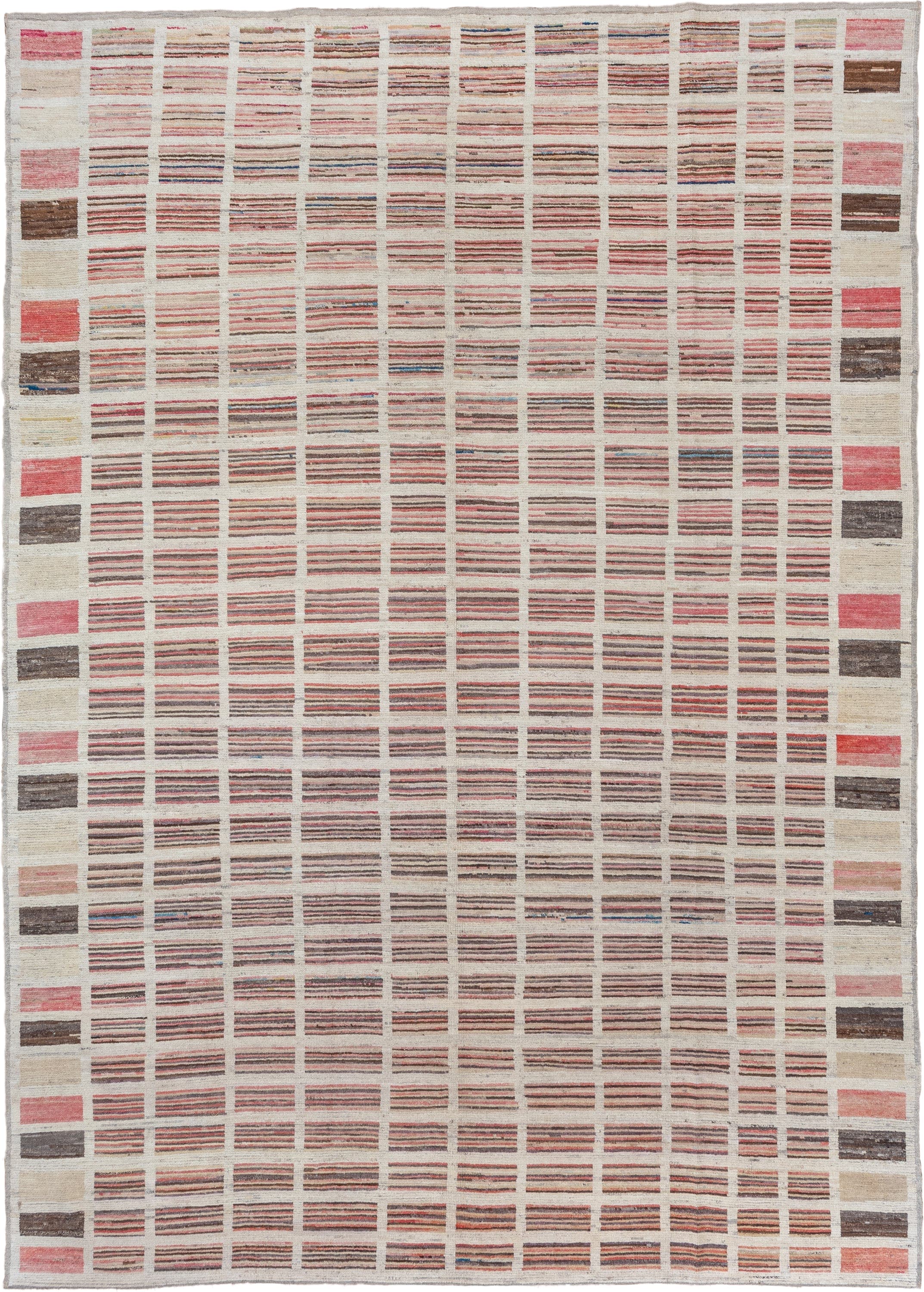 9' x 12' one-of-a-kind handmade vintage Tulu large size rug. Color palette: ivory, rose, charcoal, taupe, blush, brown