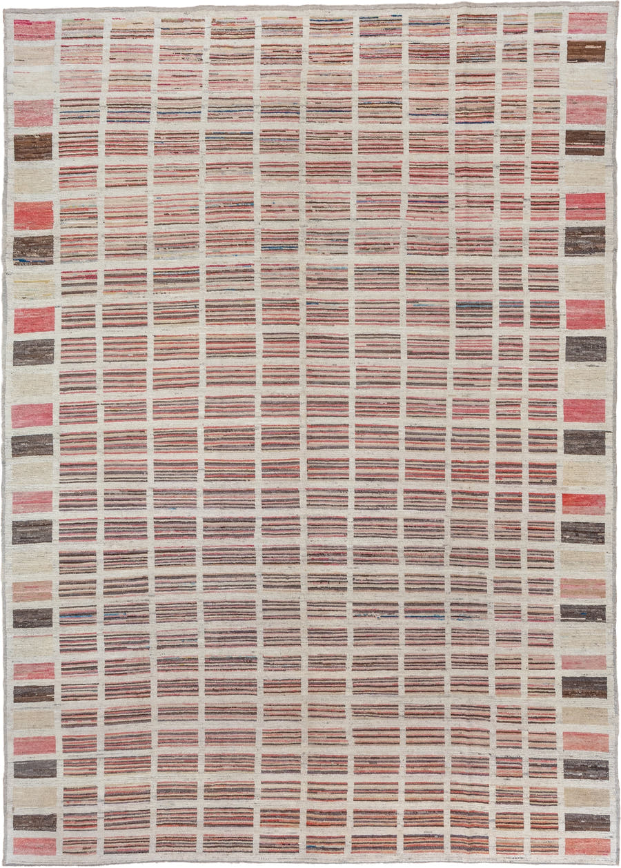 9' x 12' one-of-a-kind handmade vintage Tulu large size rug. Color palette: ivory, rose, charcoal, taupe, blush, brown