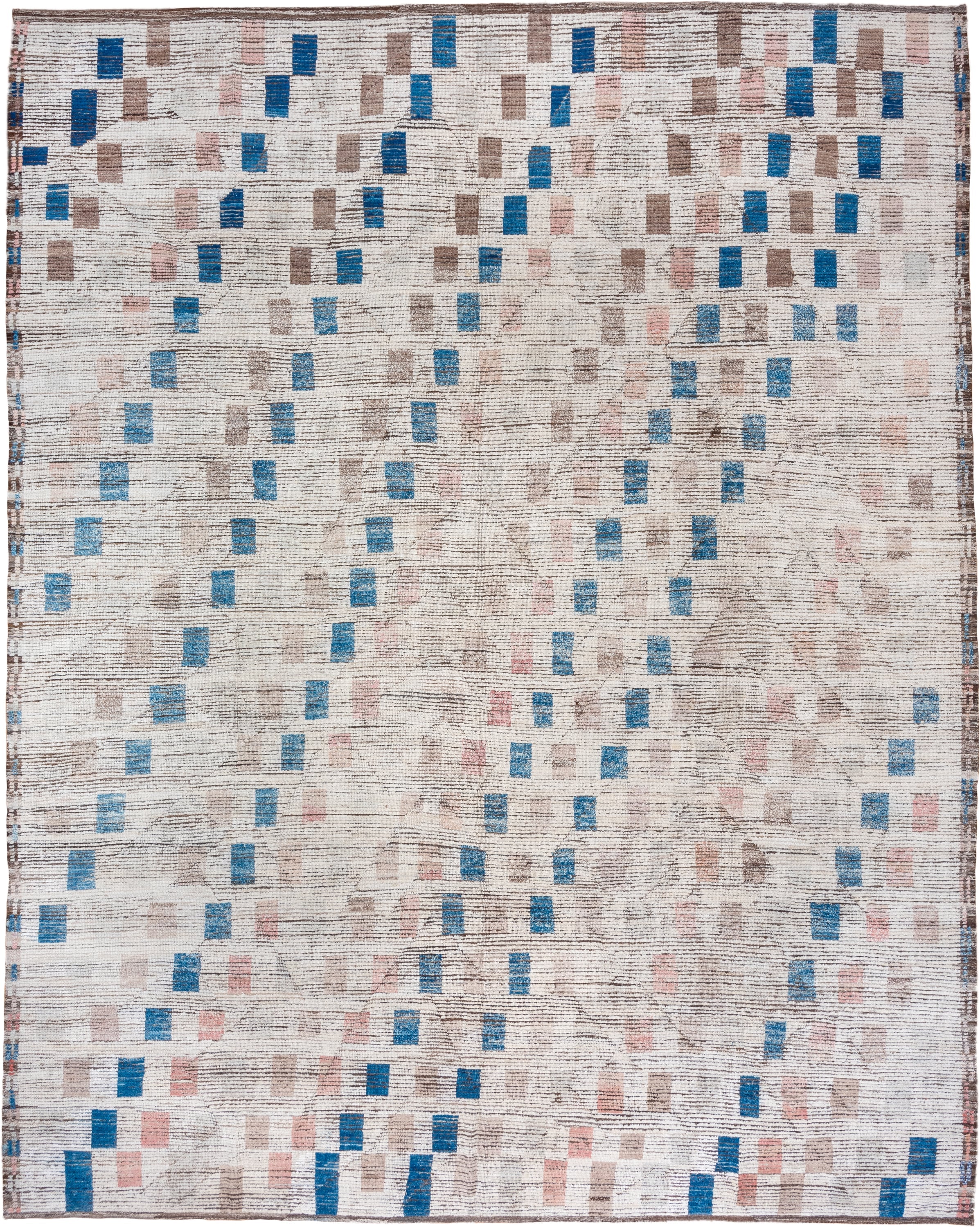 13' x 16' one-of-a-kind handmade vintage Tulu oversize rug. Color palette: ivory, sky_blue, taupe, blush, brown, light blue