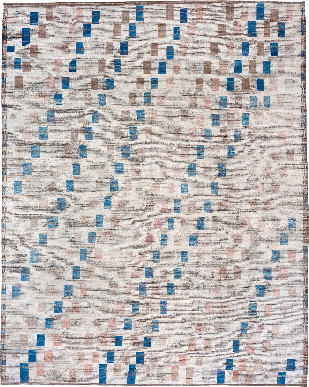 13' x 16' one-of-a-kind handmade vintage Tulu oversize rug. Color palette: ivory, sky_blue, taupe, blush, brown, light blue