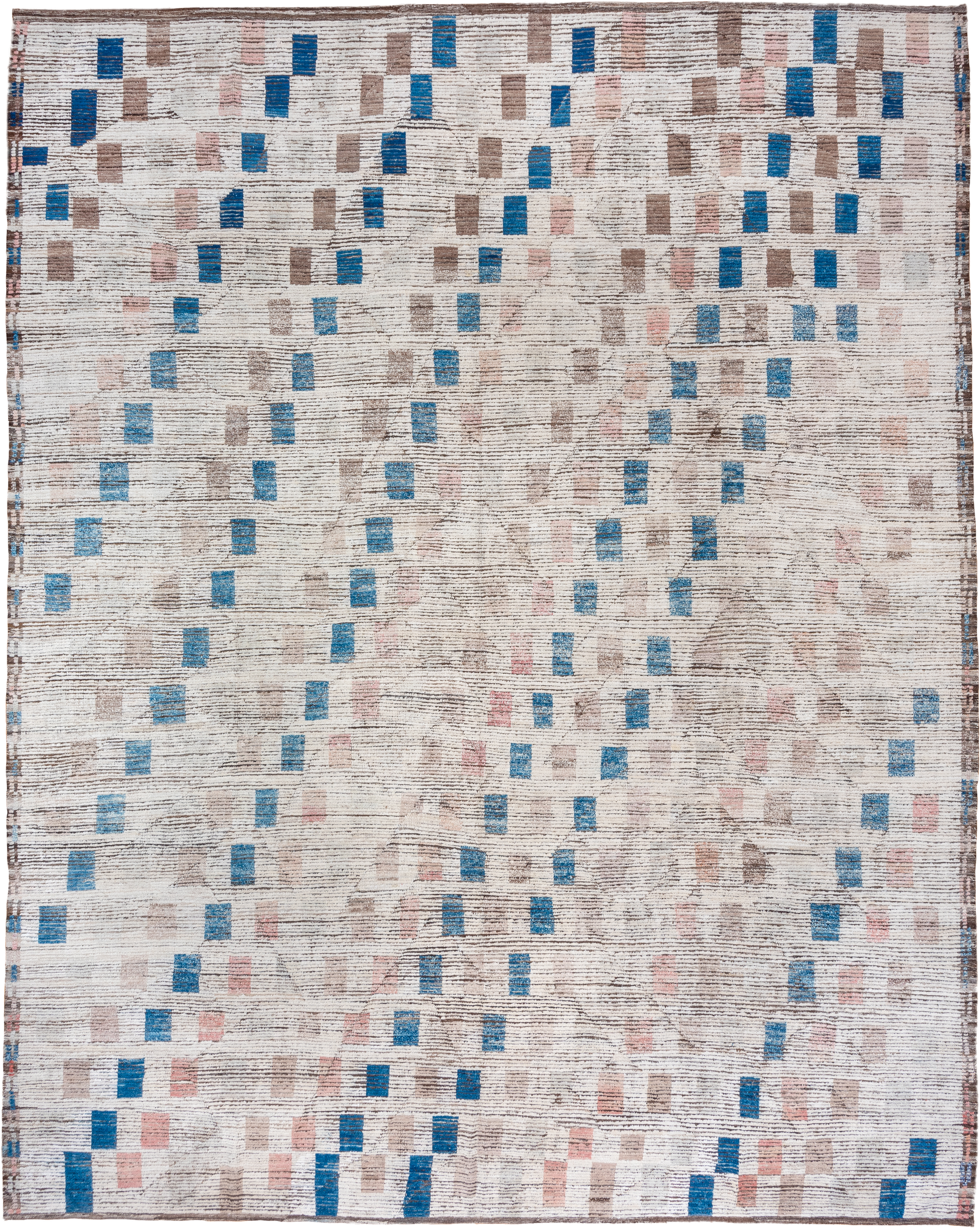 13' x 16' one-of-a-kind handmade vintage Tulu oversize rug. Color palette: ivory, sky_blue, taupe, blush, brown, light blue