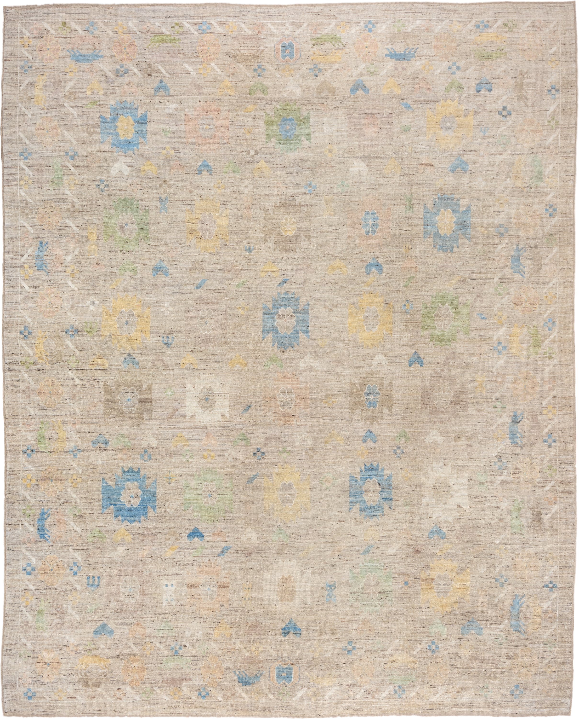 12' x 15' one-of-a-kind handmade vintage Tulu oversize rug. Color palette: beige, ivory, sky_blue, pale_yellow, sage, blush