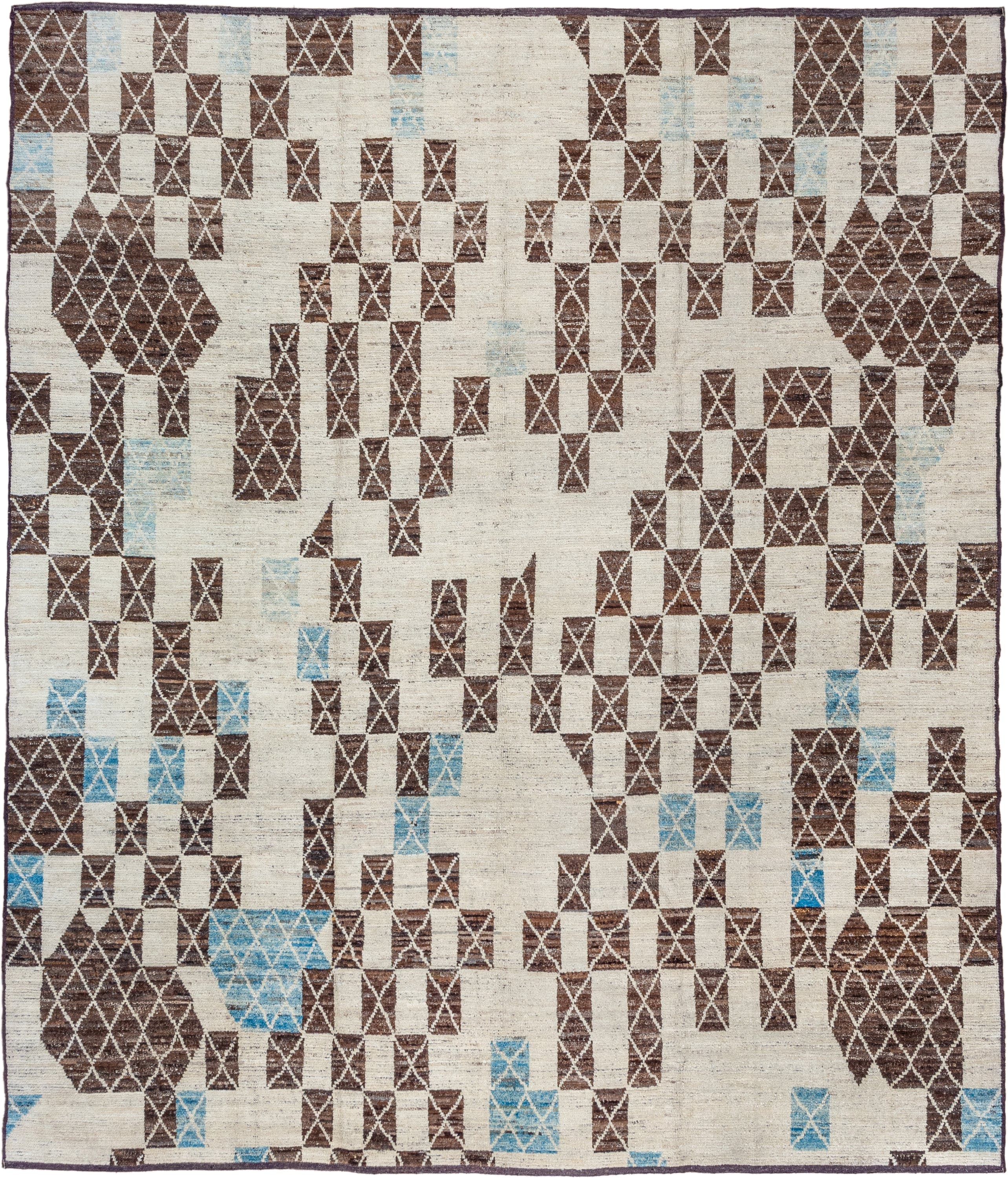 10' x 11' one-of-a-kind handmade vintage Tulu large size rug. Color palette: ivory, brown, sky blue, taupe, light blue