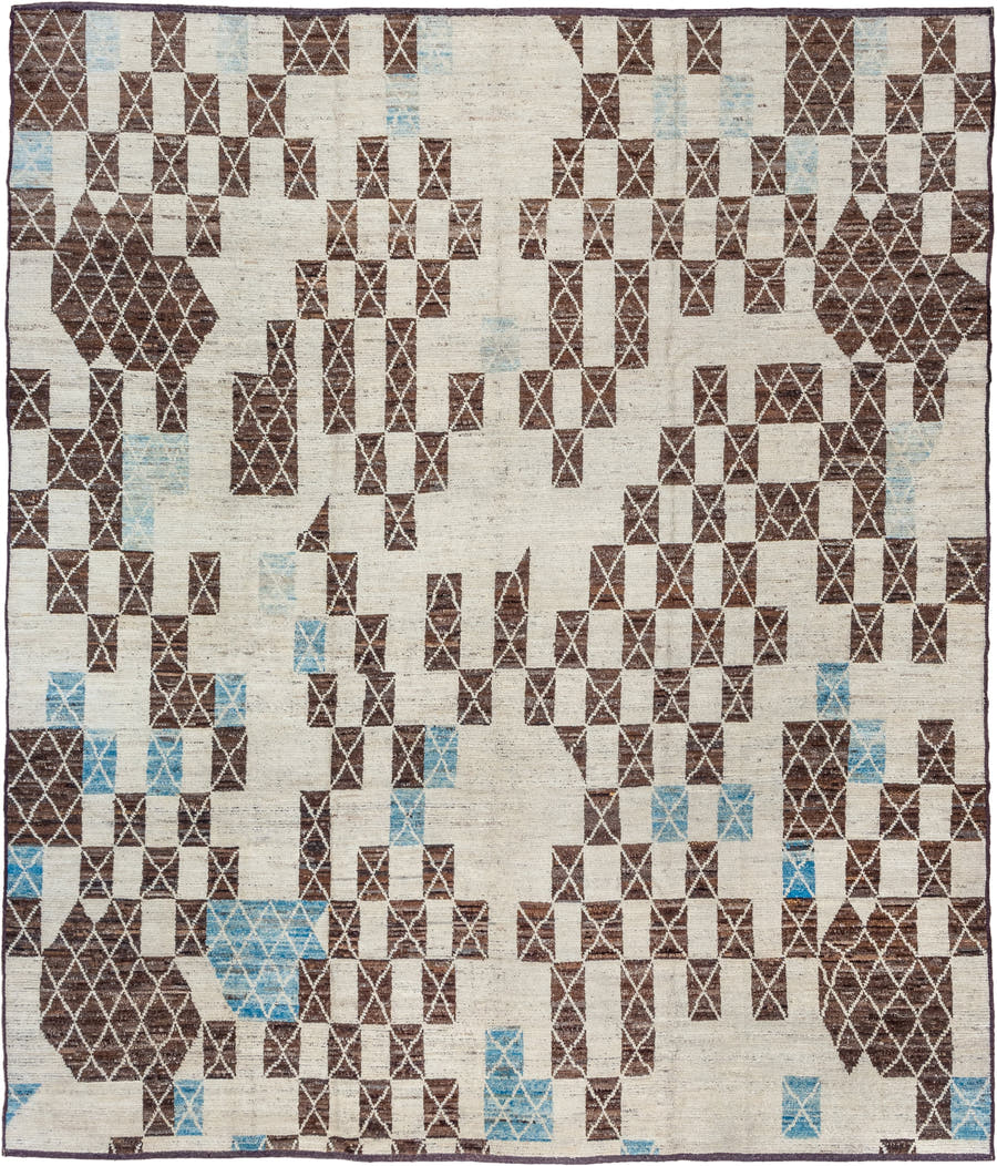 10' x 11' one-of-a-kind handmade vintage Tulu large size rug. Color palette: ivory, brown, sky blue, taupe, light blue