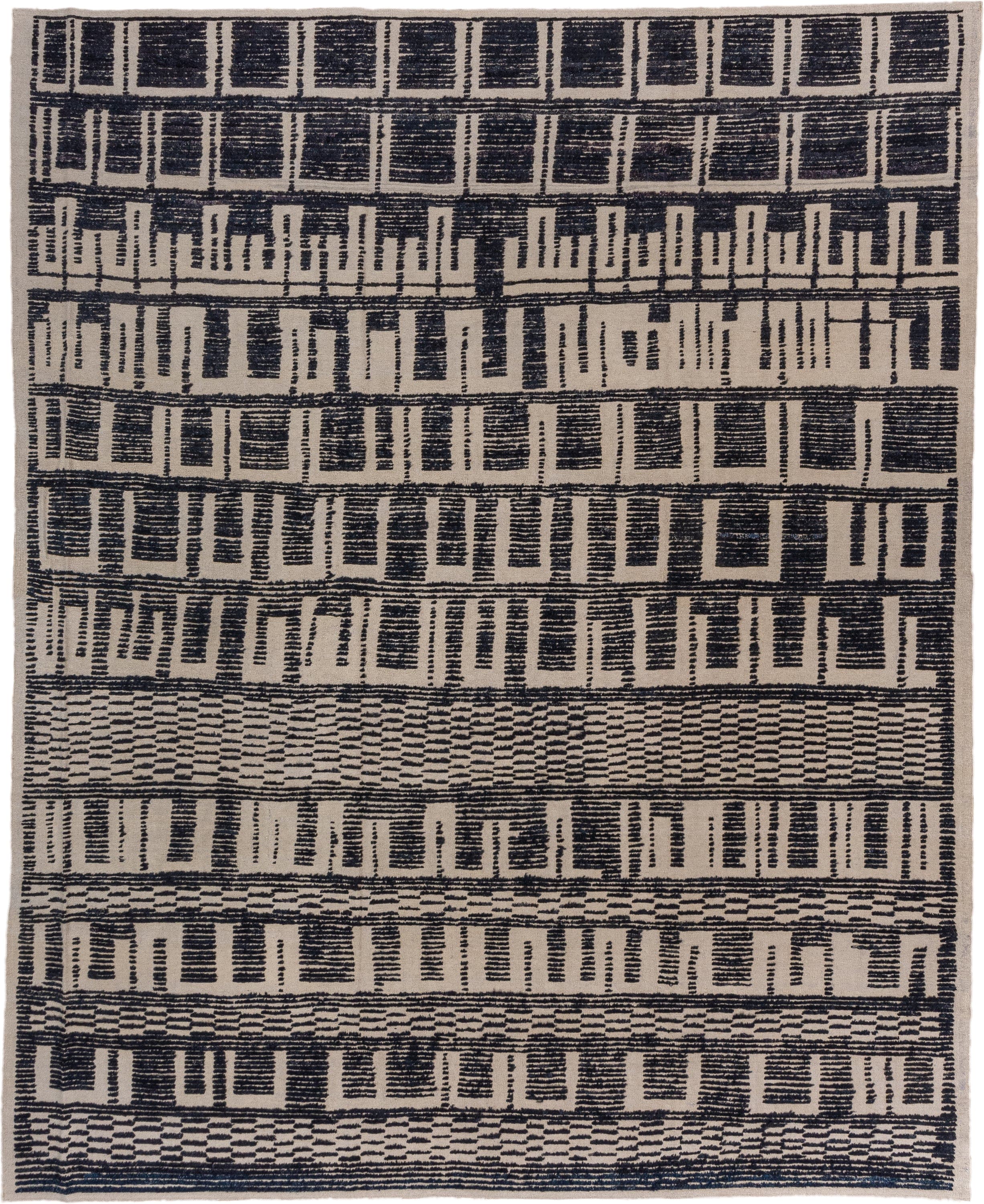 10' x 12' one-of-a-kind handmade vintage Tulu large size rug. Color palette: ivory, charcoal, taupe, gray, black, beige