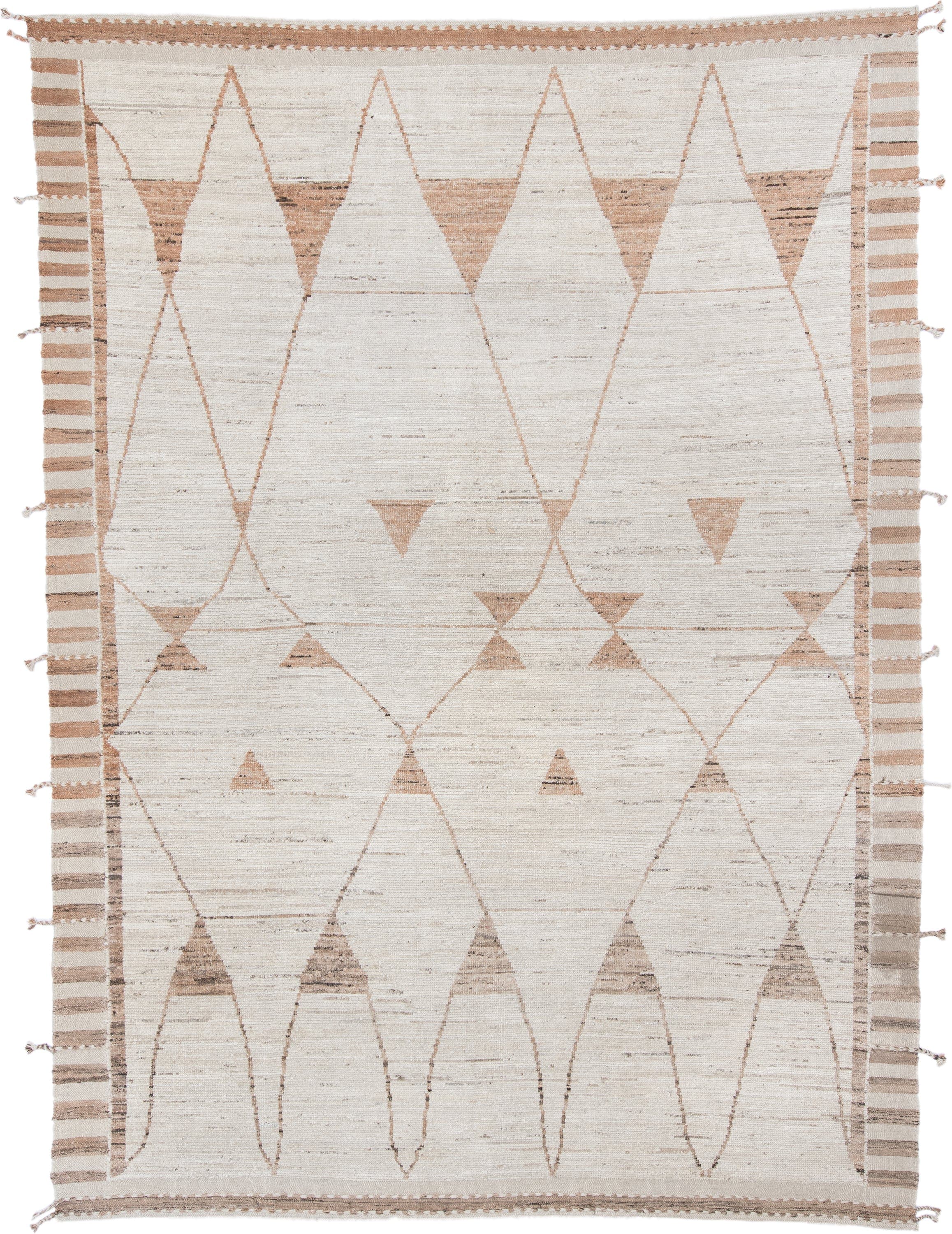 9' x 12' one-of-a-kind handmade vintage Tulu large size rug. Color palette: ivory, camel, taupe, beige, light brown, gray