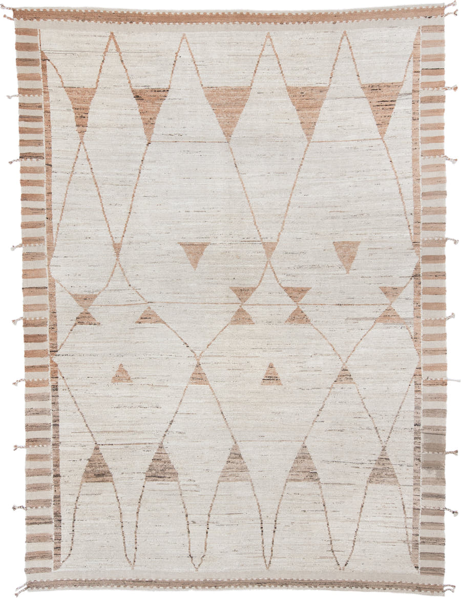 9' x 12' one-of-a-kind handmade vintage Tulu large size rug. Color palette: ivory, camel, taupe, beige, light brown, gray