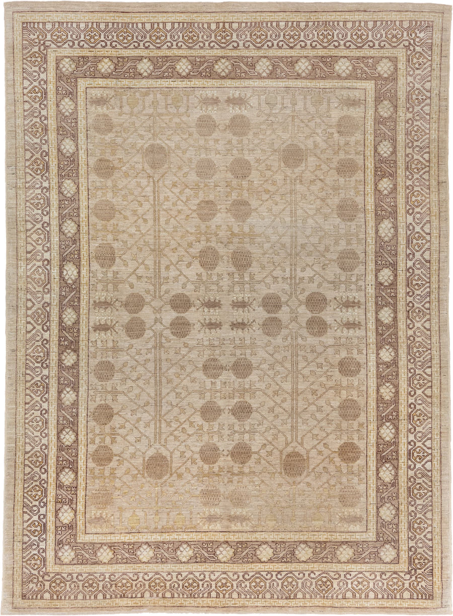 9' x 12' one-of-a-kind handmade vintage Khotan large size rug. Color palette: beige, taupe, ivory, camel, dusty rose, sand