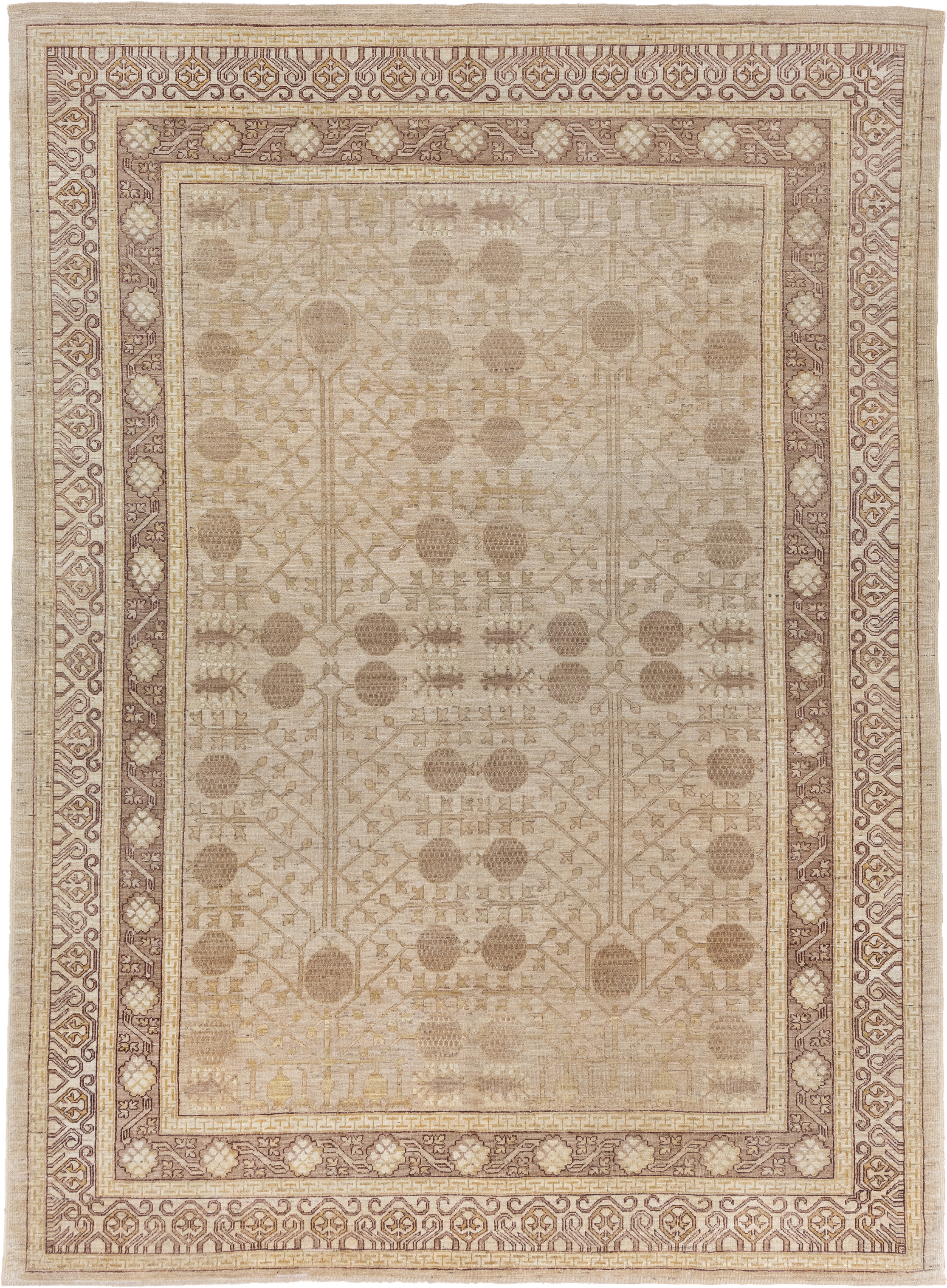 9' x 12' one-of-a-kind handmade vintage Khotan large size rug. Color palette: beige, taupe, ivory, camel, dusty rose, sand