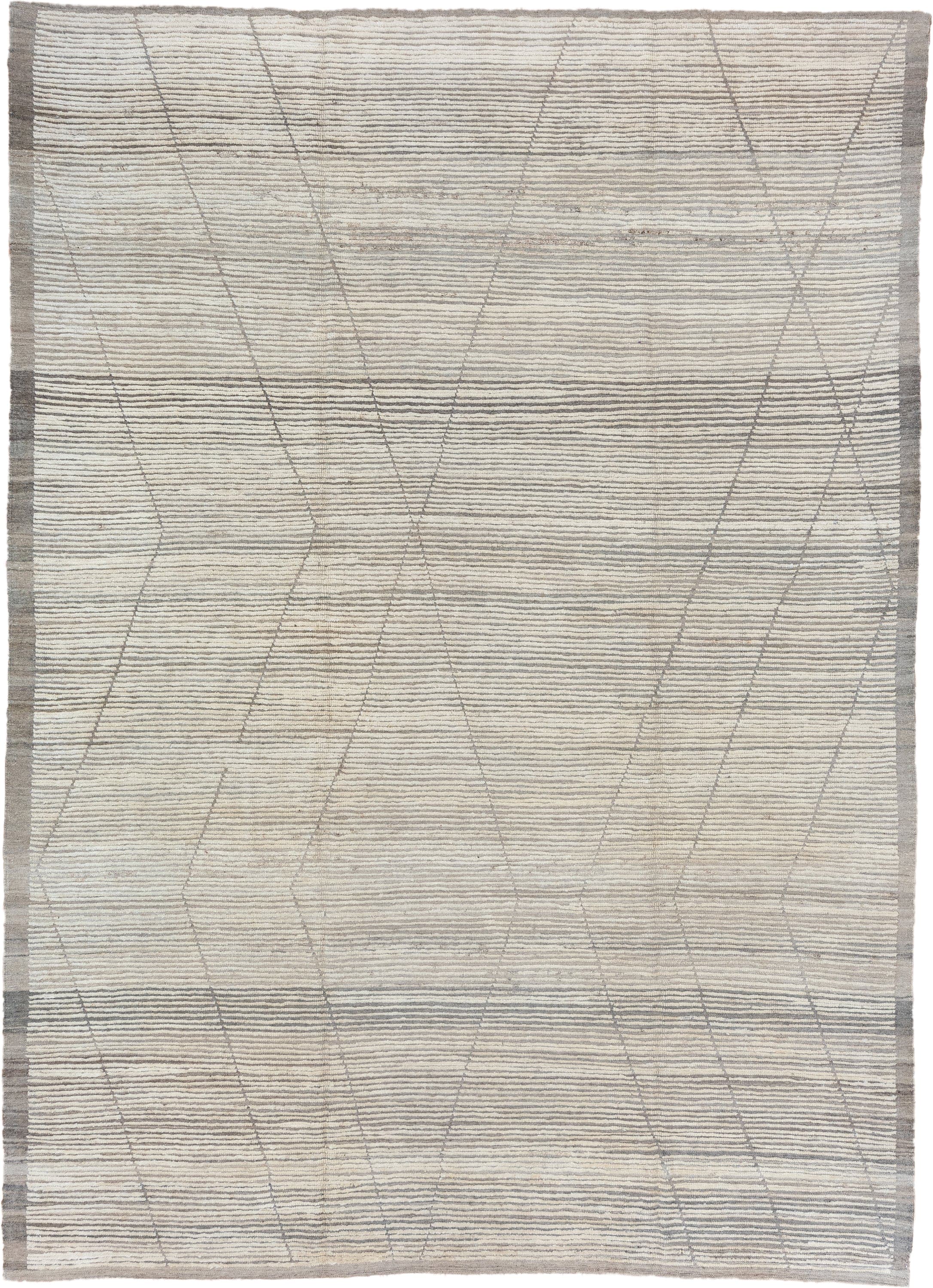 9' x 12' one-of-a-kind handmade vintage Tulu large size rug. Color palette: ivory, taupe, gray, cream, beige