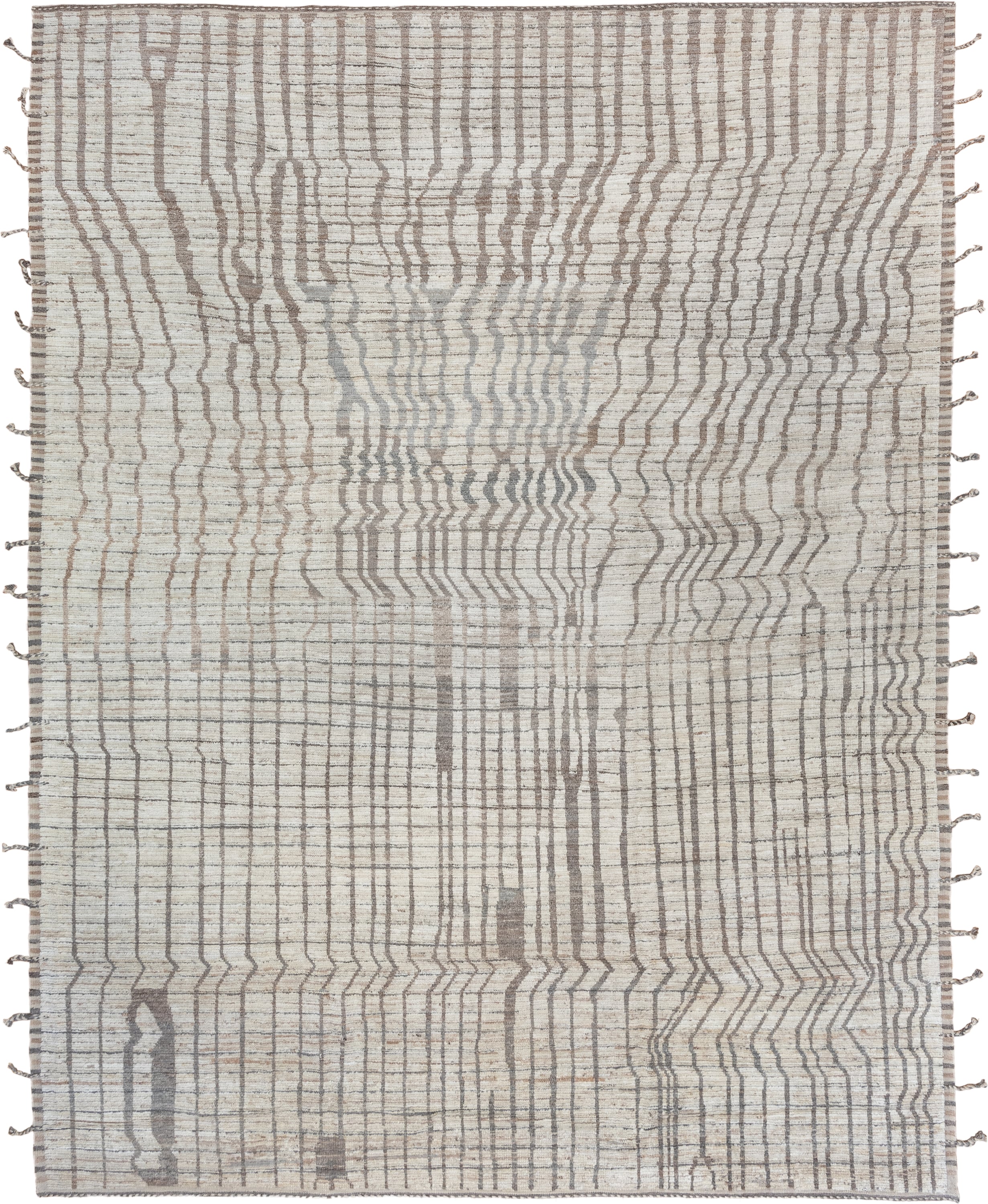 10' x 13' one-of-a-kind handmade vintage Tulu large size rug. Color palette: ivory, taupe, gray, greige, charcoal, beige