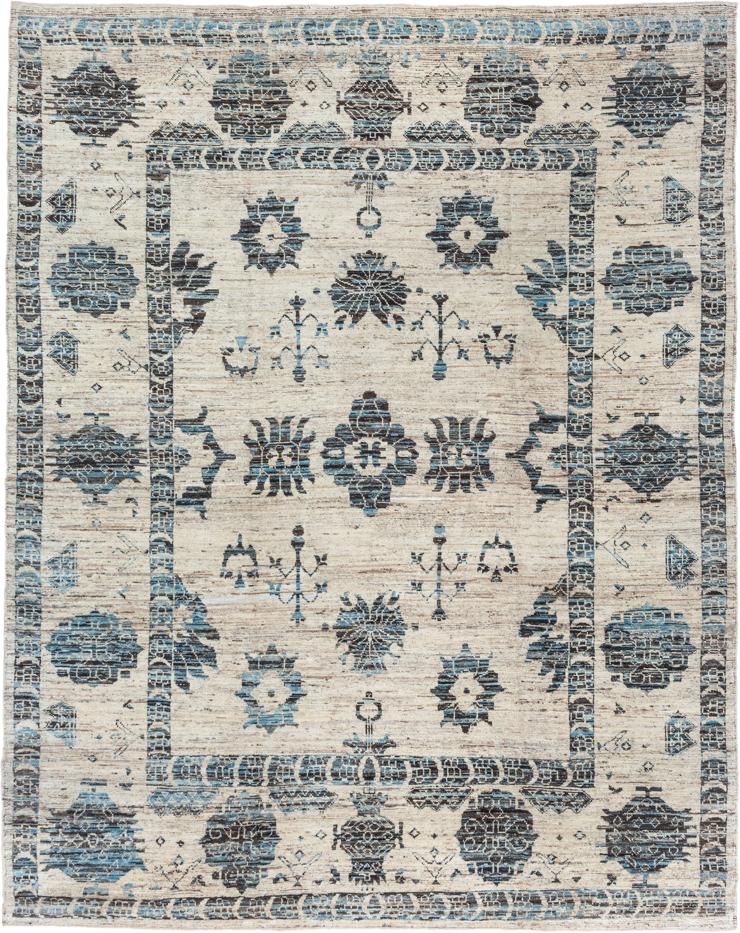 9' x 12' one-of-a-kind handmade vintage Tulu large size rug. Color palette: ivory, sky blue, charcoal, slate, taupe