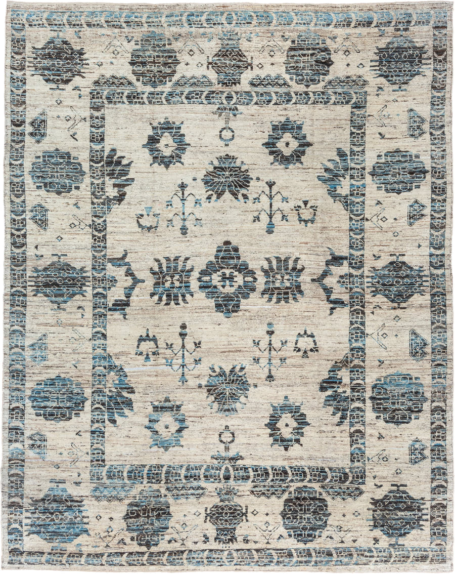 9' x 12' one-of-a-kind handmade vintage Tulu large size rug. Color palette: ivory, sky blue, charcoal, slate, taupe