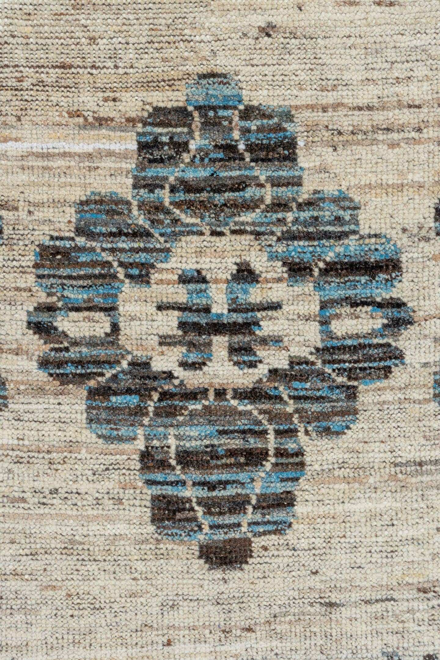 9' x 12' one-of-a-kind handmade vintage Tulu large size rug. Color palette: ivory, sky blue, charcoal, slate, taupe