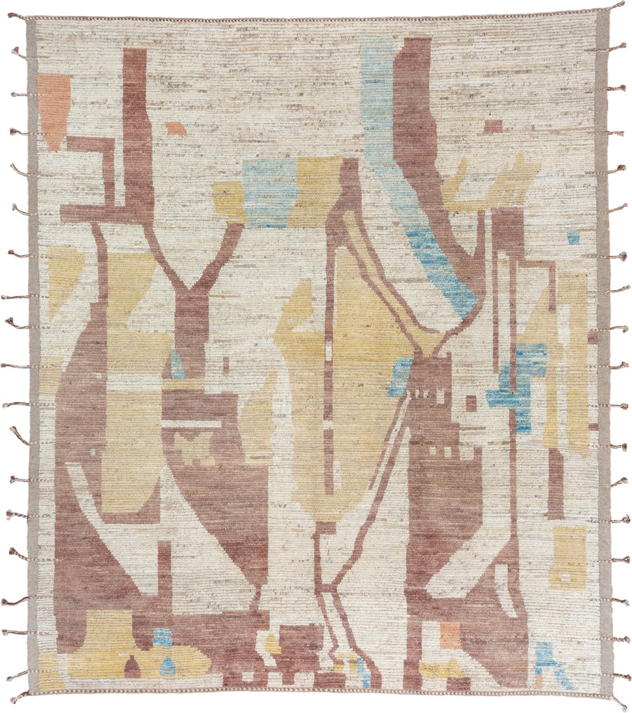 10' x 11' one-of-a-kind handmade vintage Tulu large size rug. Color palette: ivory, rose, pale_gold, sky_blue, taupe, peach