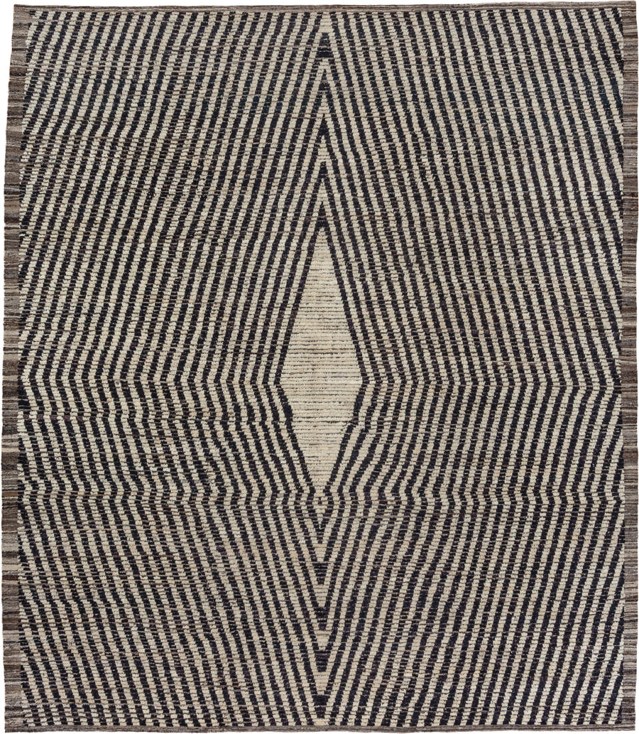 9' x 11' one-of-a-kind handmade vintage Tulu large size rug. Color palette: ivory, charcoal, taupe, brown, gray, black