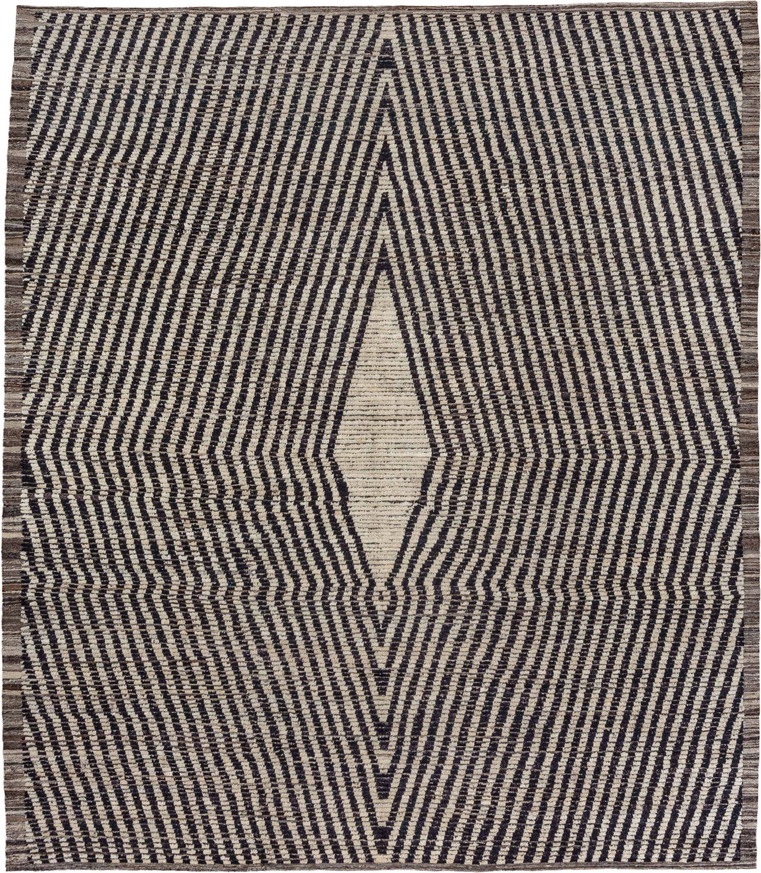 9' x 11' one-of-a-kind handmade vintage Tulu large size rug. Color palette: ivory, charcoal, taupe, brown, gray, black