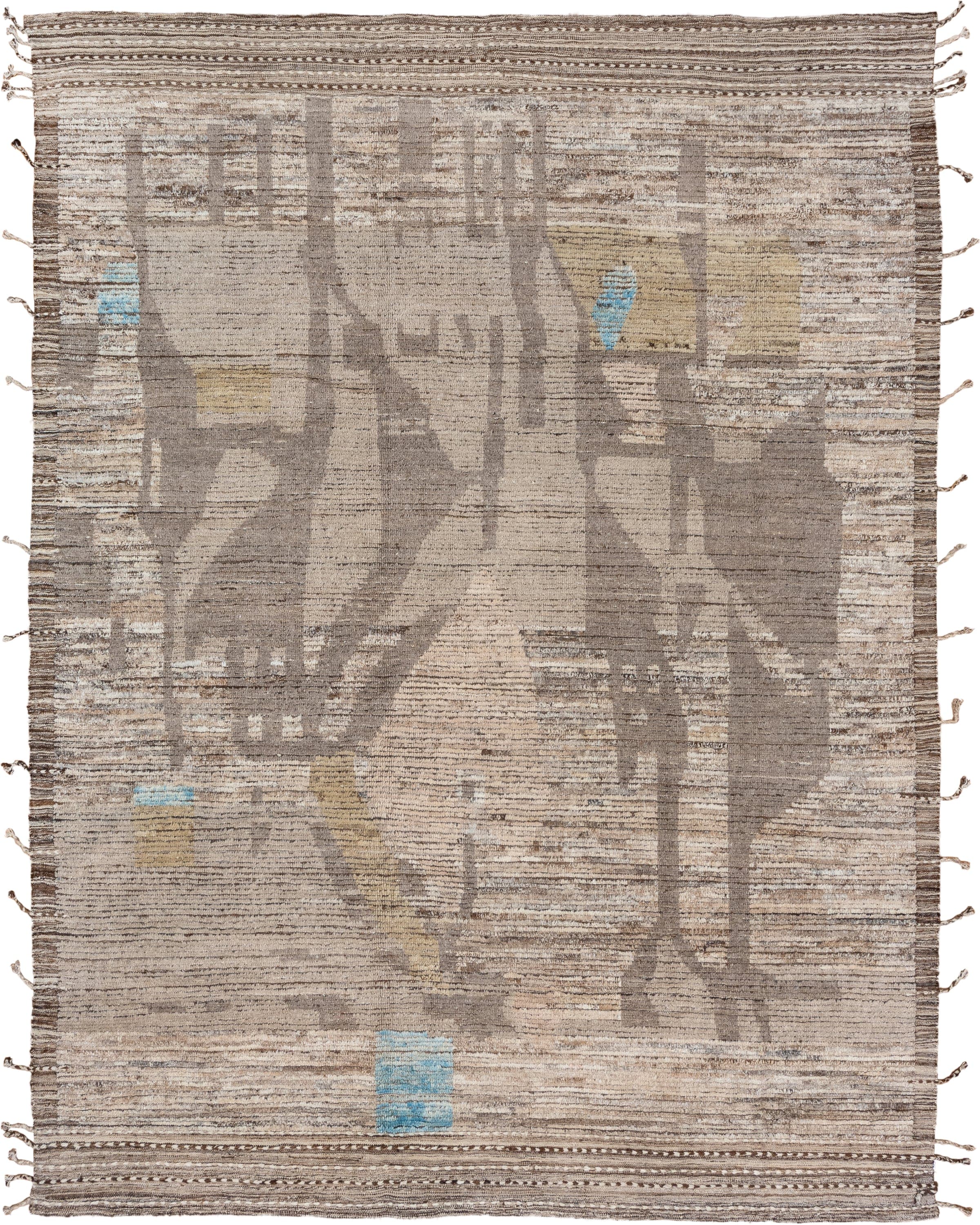 8' x 11' one-of-a-kind handmade vintage Tulu large size rug. Color palette: taupe, ivory, brown, camel, sky_blue, beige