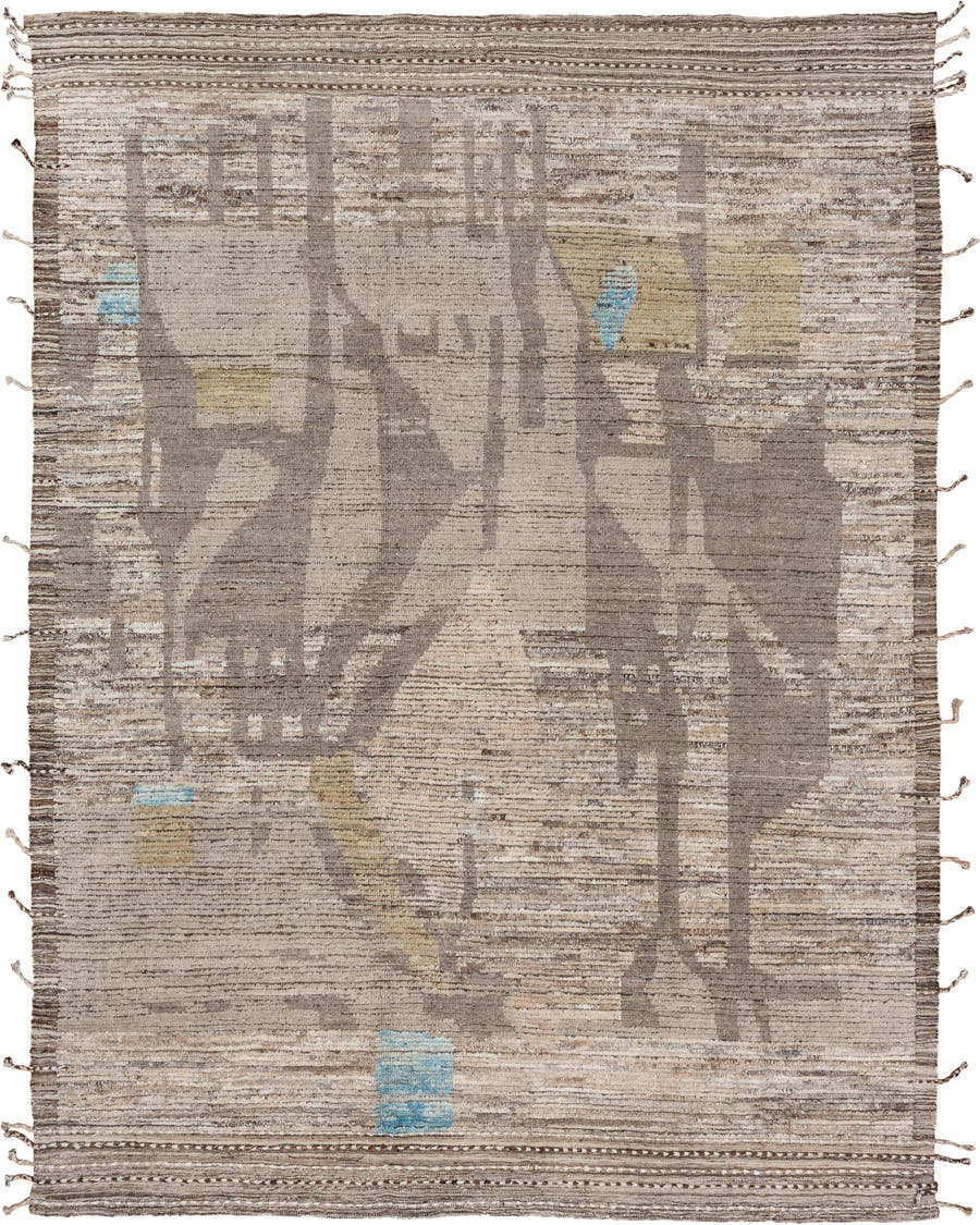 8' x 11' one-of-a-kind handmade vintage Tulu large size rug. Color palette: taupe, ivory, brown, camel, sky_blue, beige