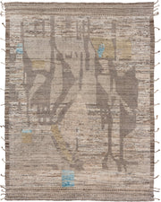 8' x 11' one-of-a-kind handmade vintage Tulu large size rug. Color palette: taupe, ivory, brown, camel, sky_blue, beige