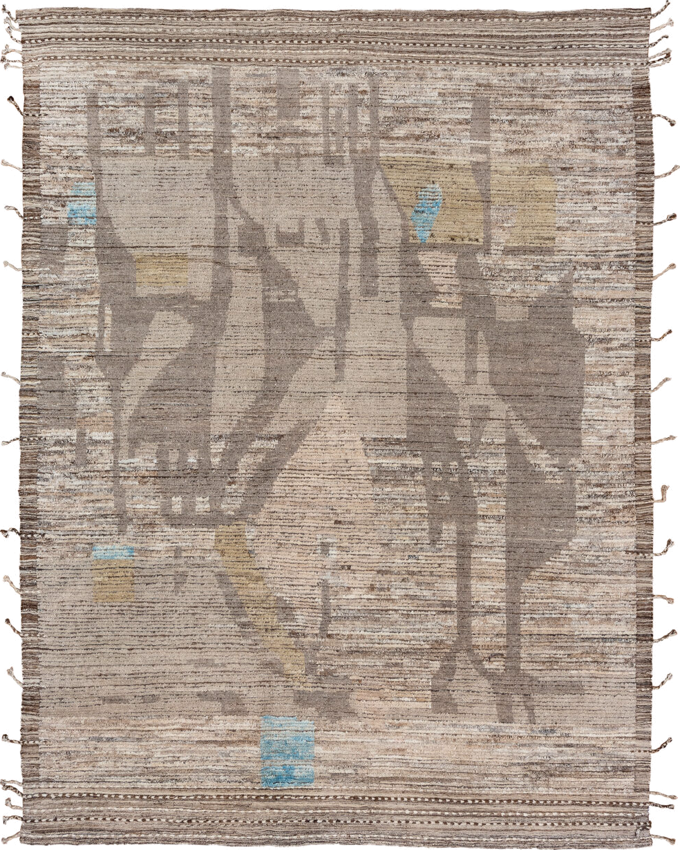 8' x 11' one-of-a-kind handmade vintage Tulu large size rug. Color palette: taupe, ivory, brown, camel, sky_blue, beige