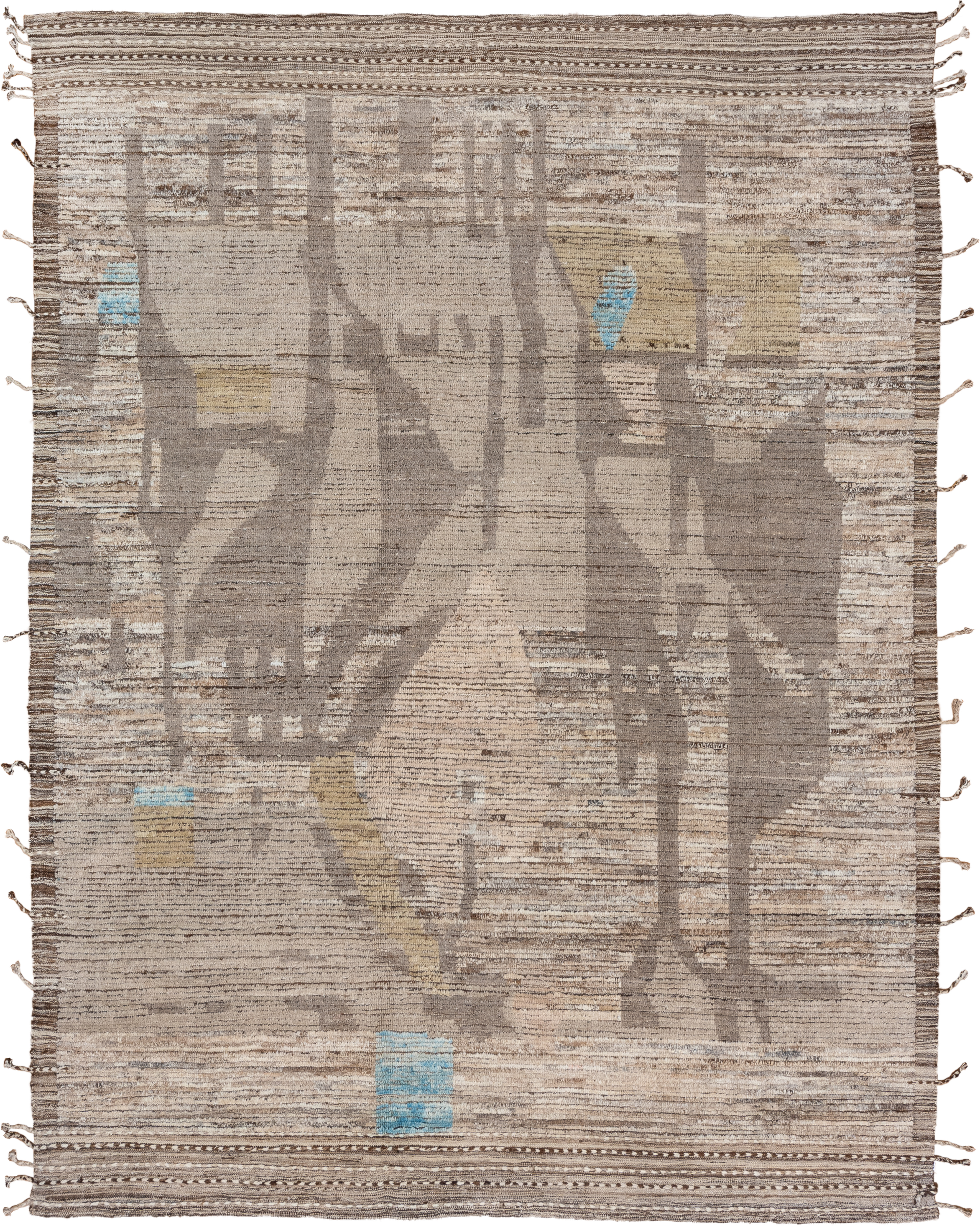 8' x 11' one-of-a-kind handmade vintage Tulu large size rug. Color palette: taupe, ivory, brown, camel, sky_blue, beige
