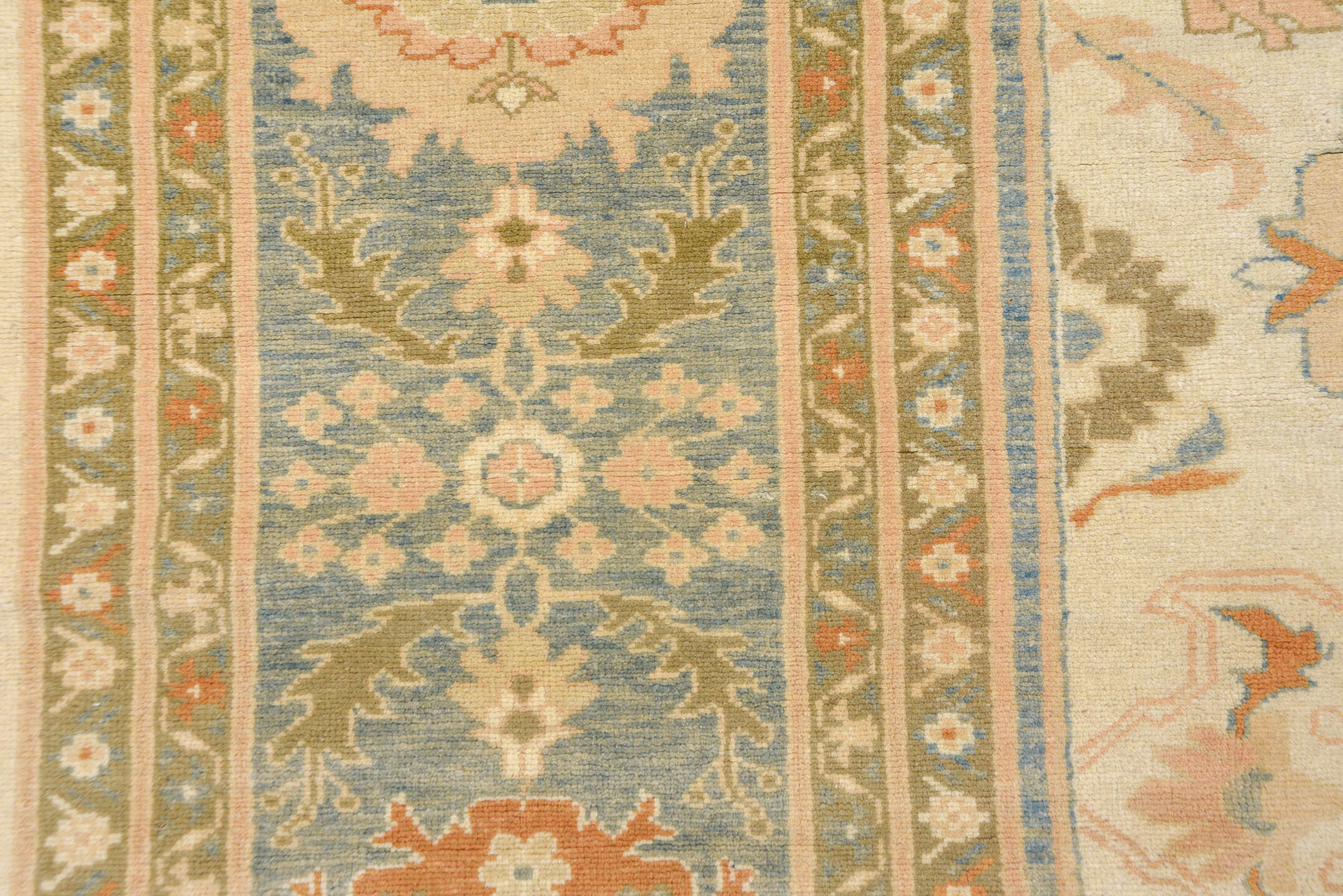 12' x 16' one-of-a-kind handmade vintage Sultanabad oversize rug. Color palette: ivory, sky blue, taupe, rust, gold, beige