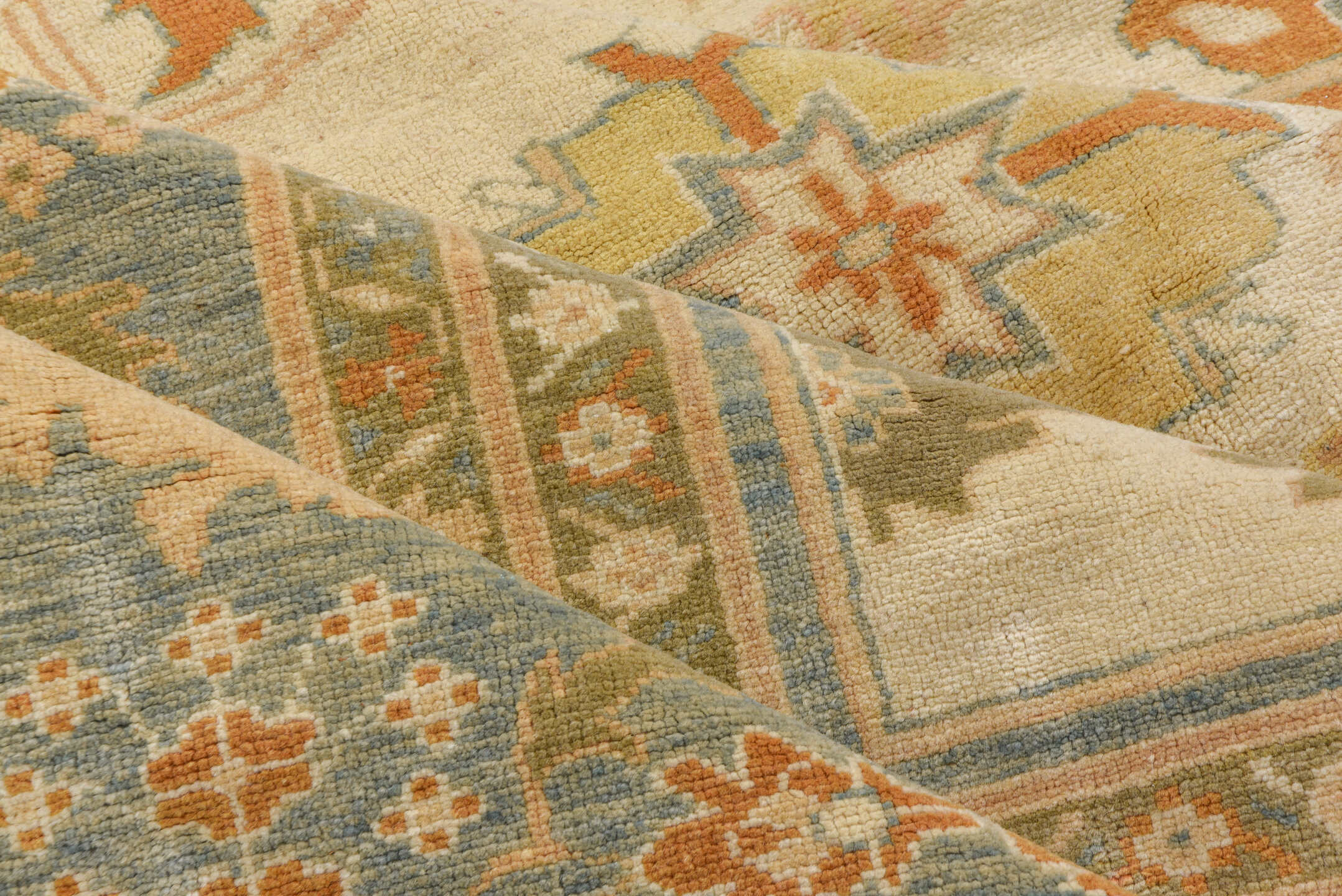 12' x 16' one-of-a-kind handmade vintage Sultanabad oversize rug. Color palette: ivory, sky blue, taupe, rust, gold, beige