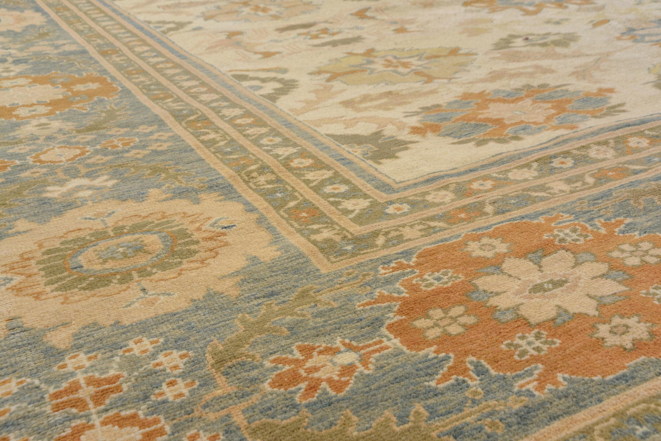 12' x 16' one-of-a-kind handmade vintage Sultanabad oversize rug. Color palette: ivory, sky blue, taupe, rust, gold, beige