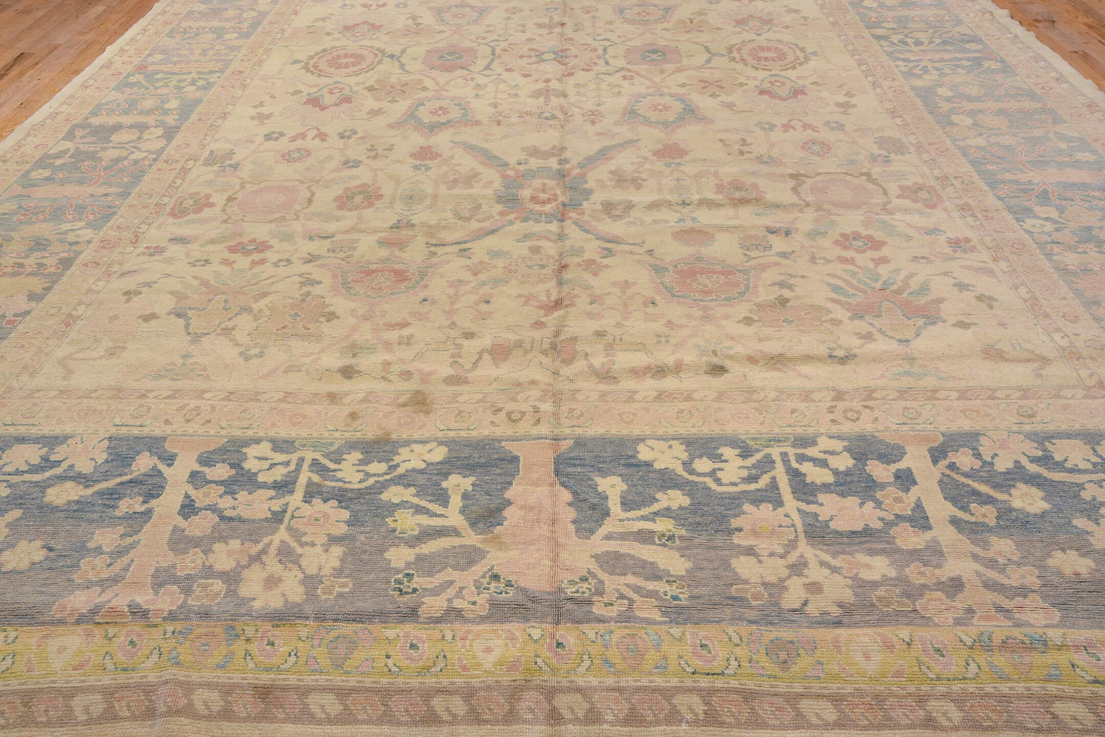 12' x 20' one-of-a-kind handmade vintage Sultanabad oversize rug. Color palette: ivory, pale blue, beige, blush, taupe, sage