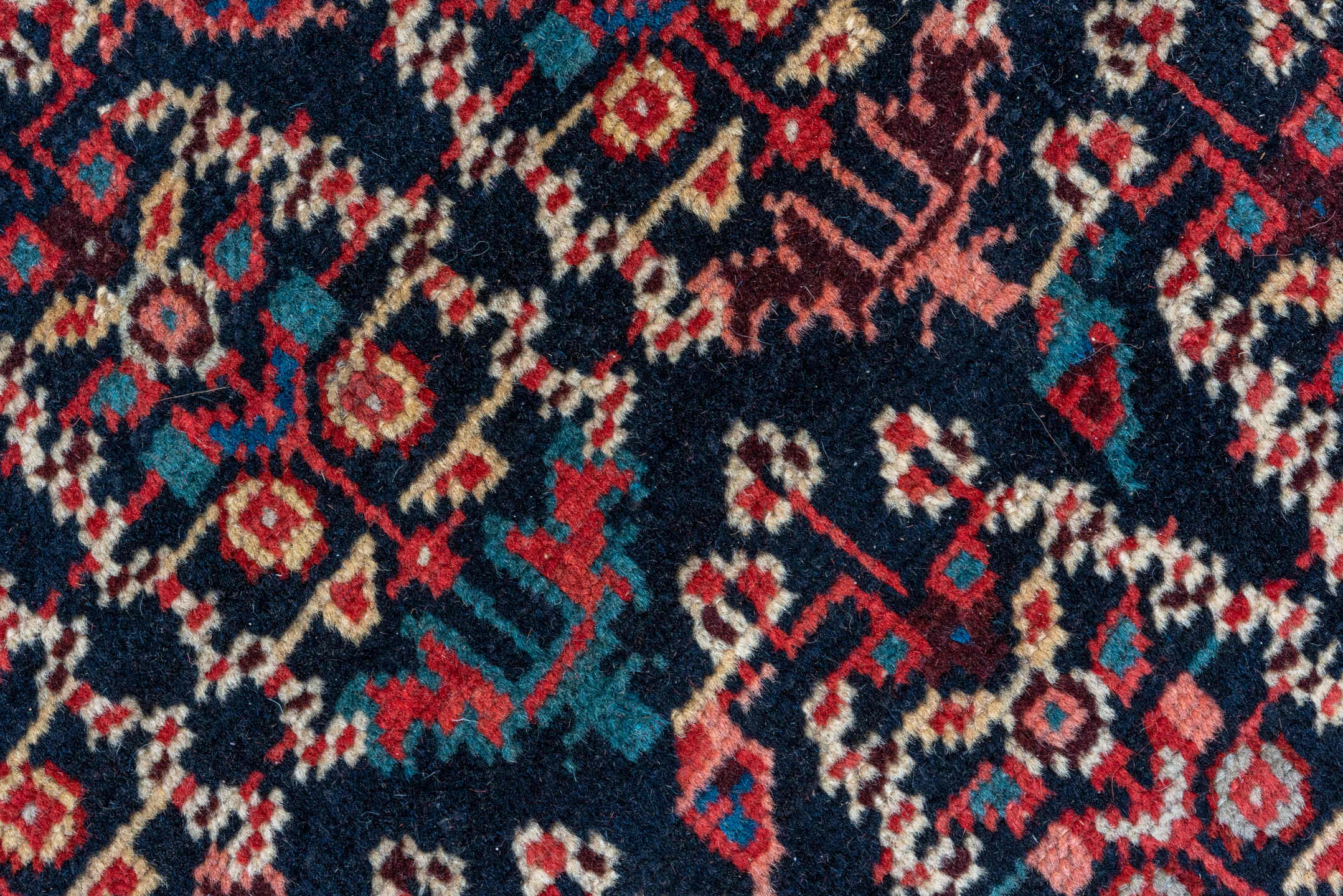 7' x 14' one-of-a-kind handmade vintage Bakhshayesh rug. Color palette: navy, rust, brick red, ivory, cobalt, camel