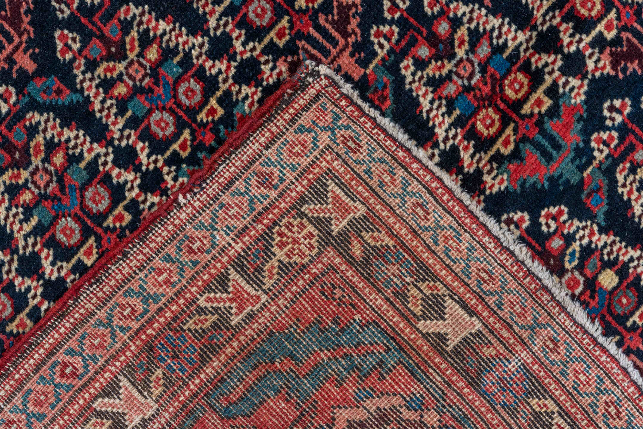 7' x 14' one-of-a-kind handmade vintage Bakhshayesh large size rug. Color palette: navy, rust, red, ivory, blue, camel