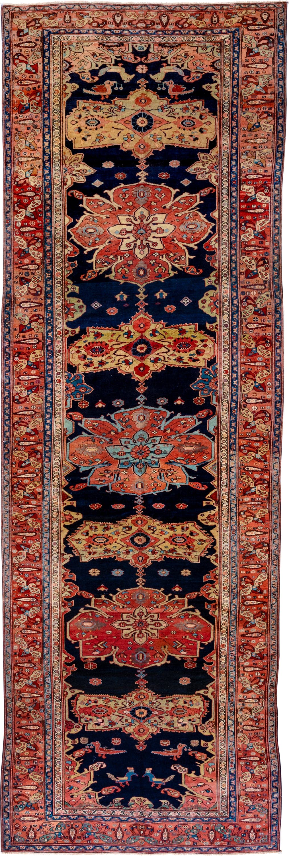 7' x 21' one-of-a-kind handmade vintage NW Persian rug. Color palette: navy, rust, ivory, coral, sky_blue, gold, crimson