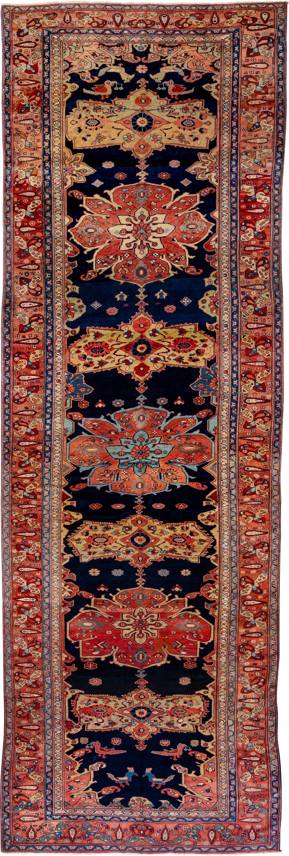 7' x 21' one-of-a-kind handmade vintage NW Persian rug. Color palette: navy, rust, ivory, coral, sky_blue, gold, crimson