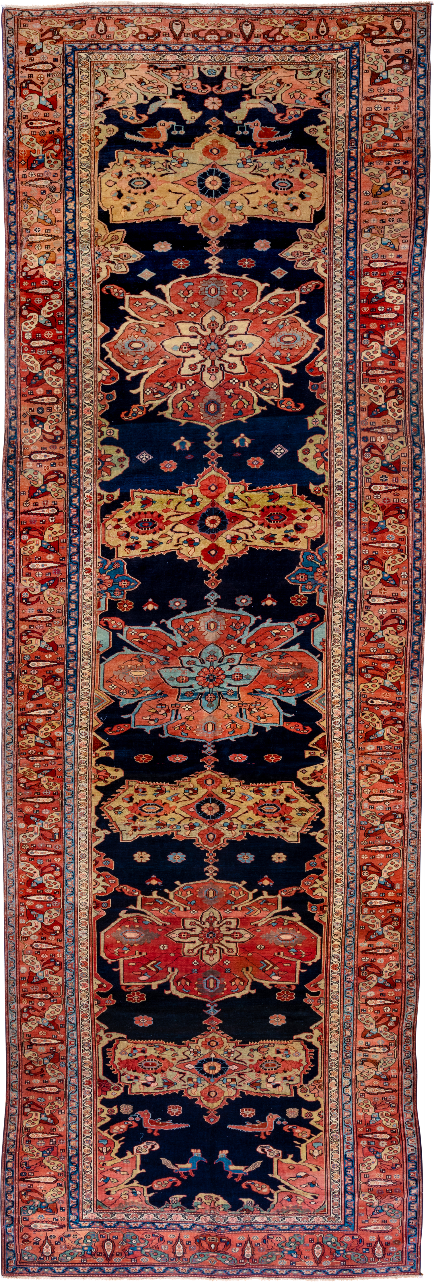 7' x 21' one-of-a-kind handmade vintage NW Persian rug. Color palette: navy, rust, ivory, coral, sky_blue, gold, crimson
