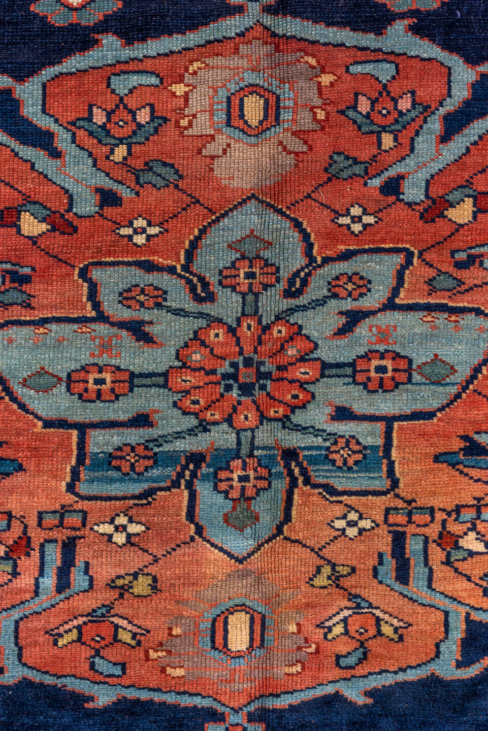 7' x 21' one-of-a-kind handmade vintage NW Persian rug. Color palette: navy, rust, ivory, coral, sky_blue, gold, crimson