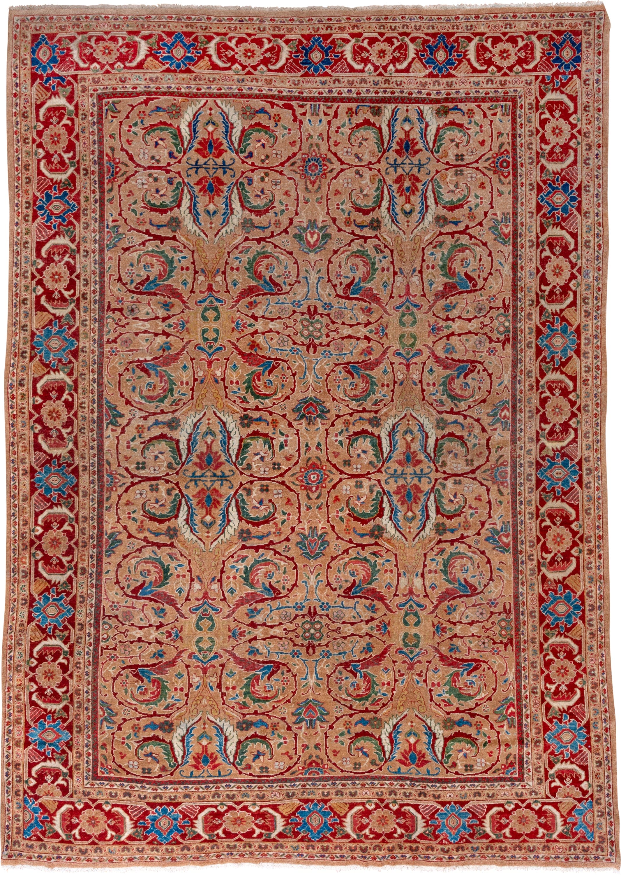 10' x 13' one-of-a-kind handmade vintage Mahal large size rug. Color palette: camel, crimson, ivory, cobalt, sage