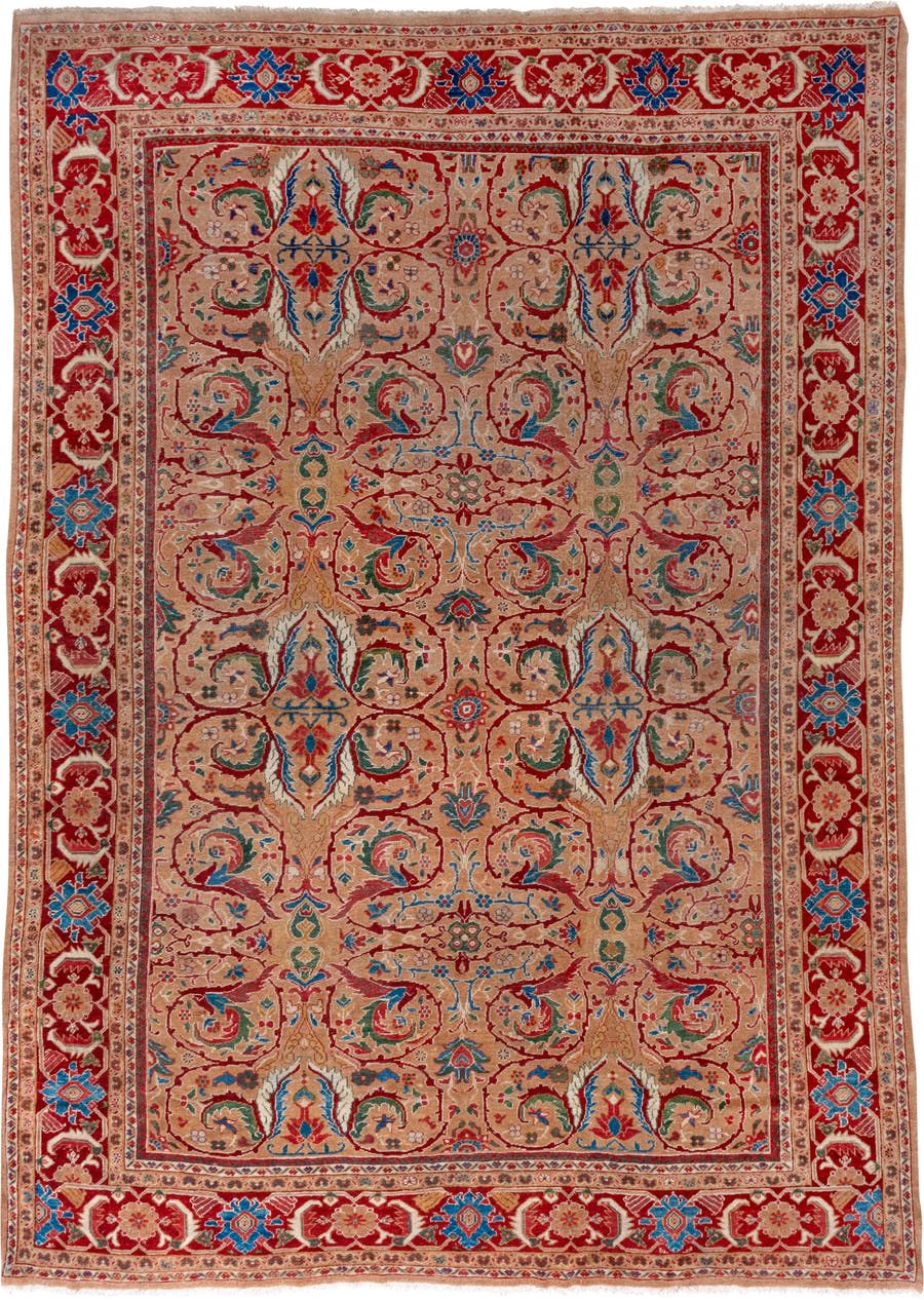 10' x 13' one-of-a-kind handmade vintage Mahal large size rug. Color palette: camel, crimson, ivory, cobalt, sage