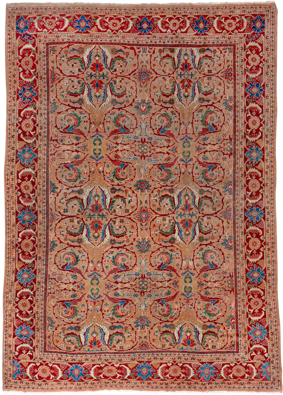 10' x 13' one-of-a-kind handmade vintage Mahal large size rug. Color palette: camel, crimson, ivory, cobalt, sage