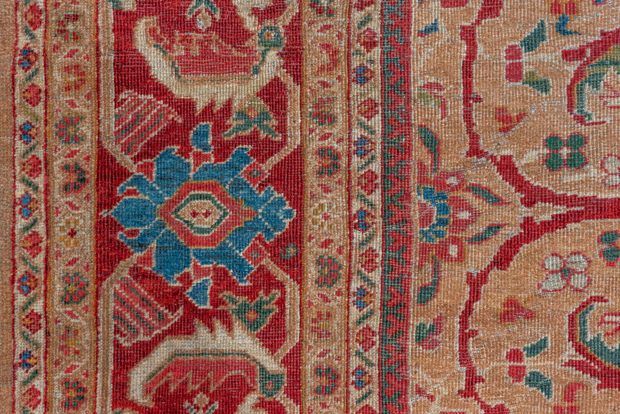 10' x 13' one-of-a-kind handmade vintage Mahal large size rug. Color palette: camel, crimson, ivory, cobalt, sage