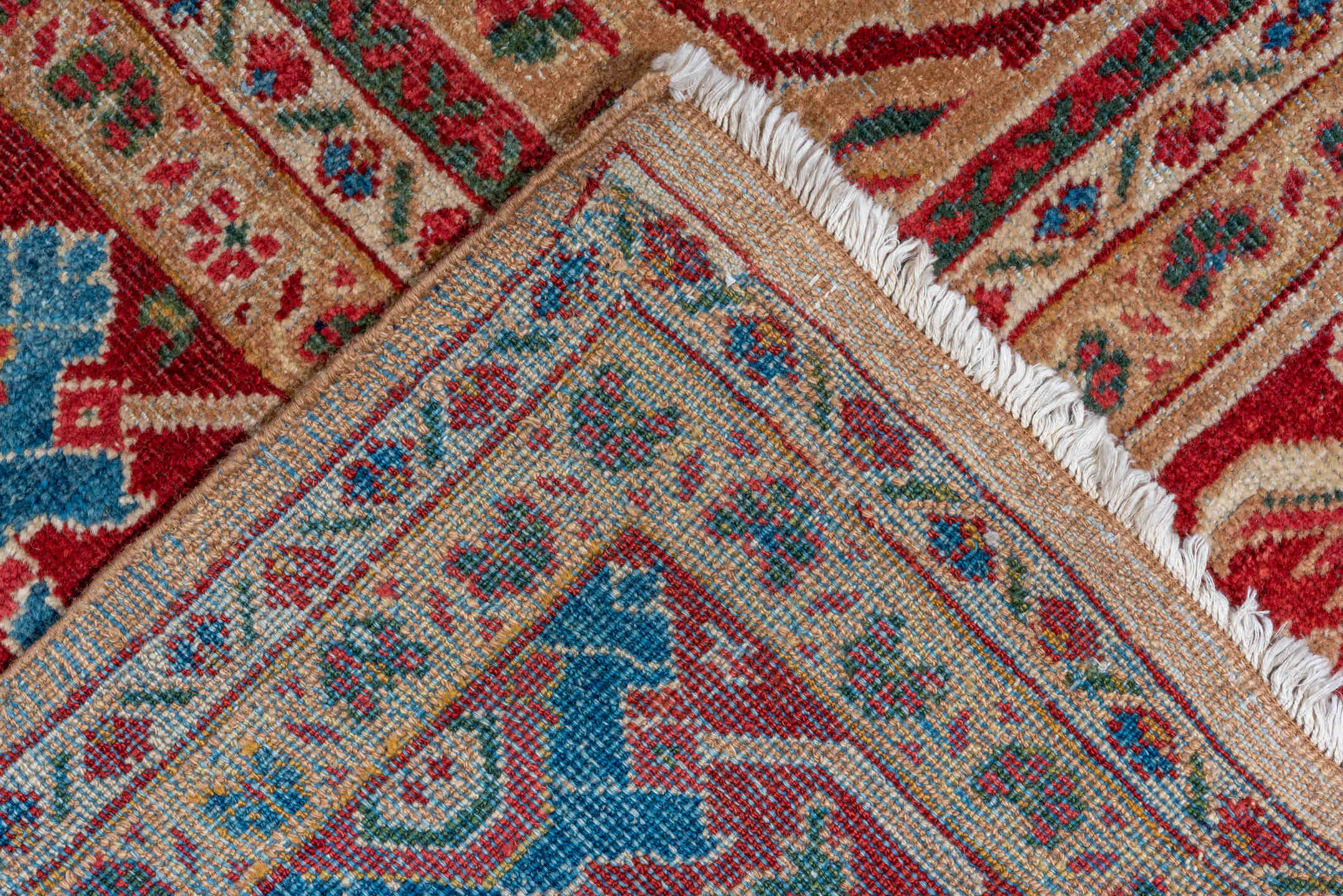 10' x 13' one-of-a-kind handmade vintage Mahal large size rug. Color palette: camel, crimson, ivory, cobalt, sage