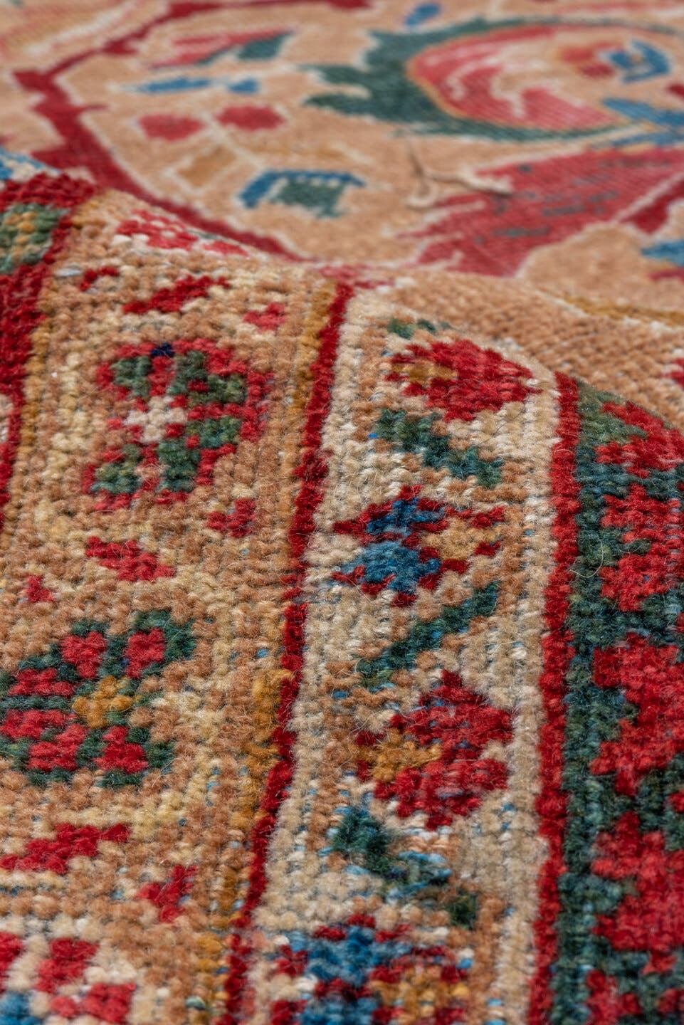 10' x 13' one-of-a-kind handmade vintage Mahal large size rug. Color palette: camel, crimson, ivory, cobalt, sage